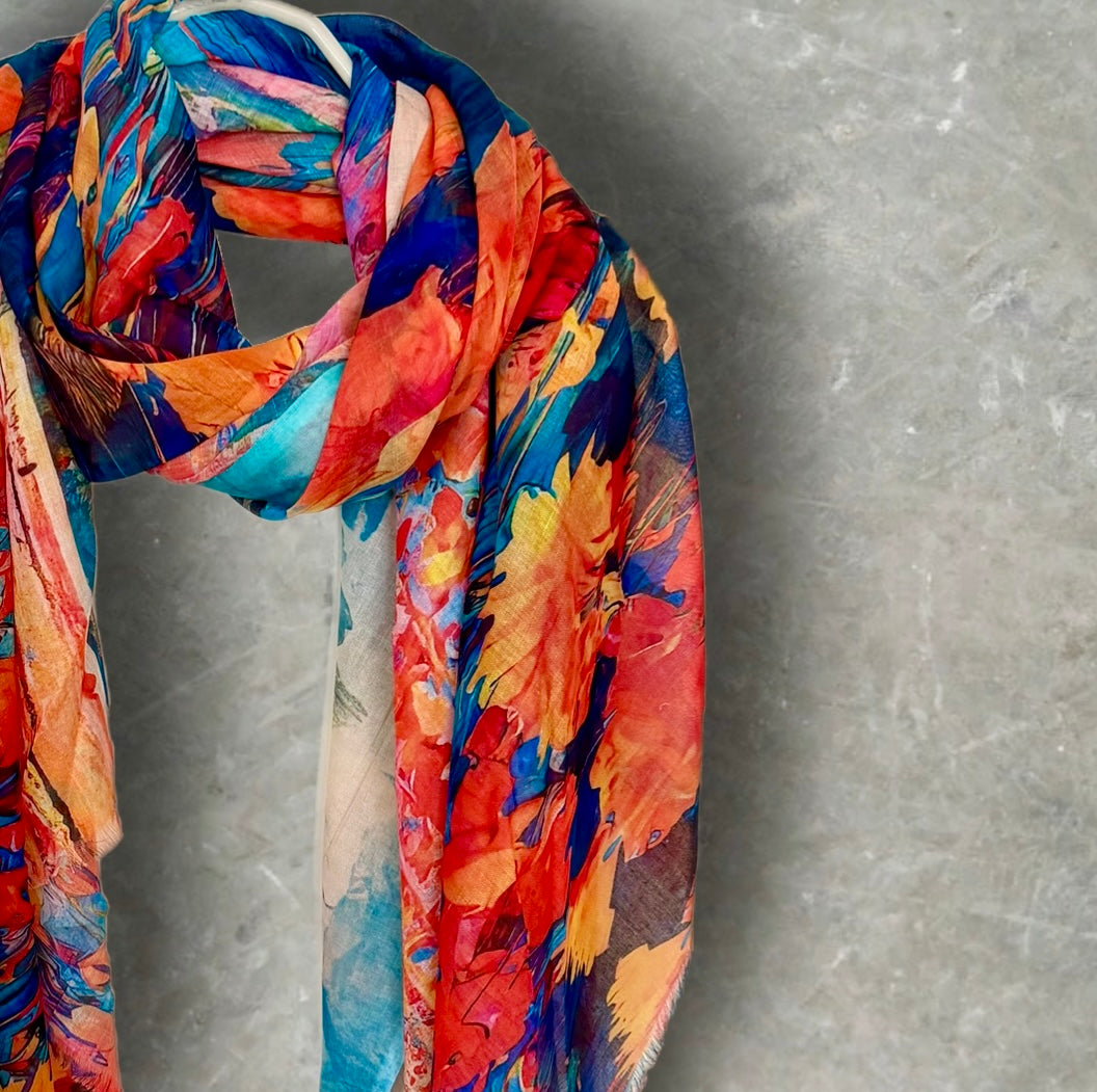 Orange Blue Watercolour Flower Print Cotton Scarf for Women,Lightweight Sheer Summer Wrap,Soft Breathable Shawl.