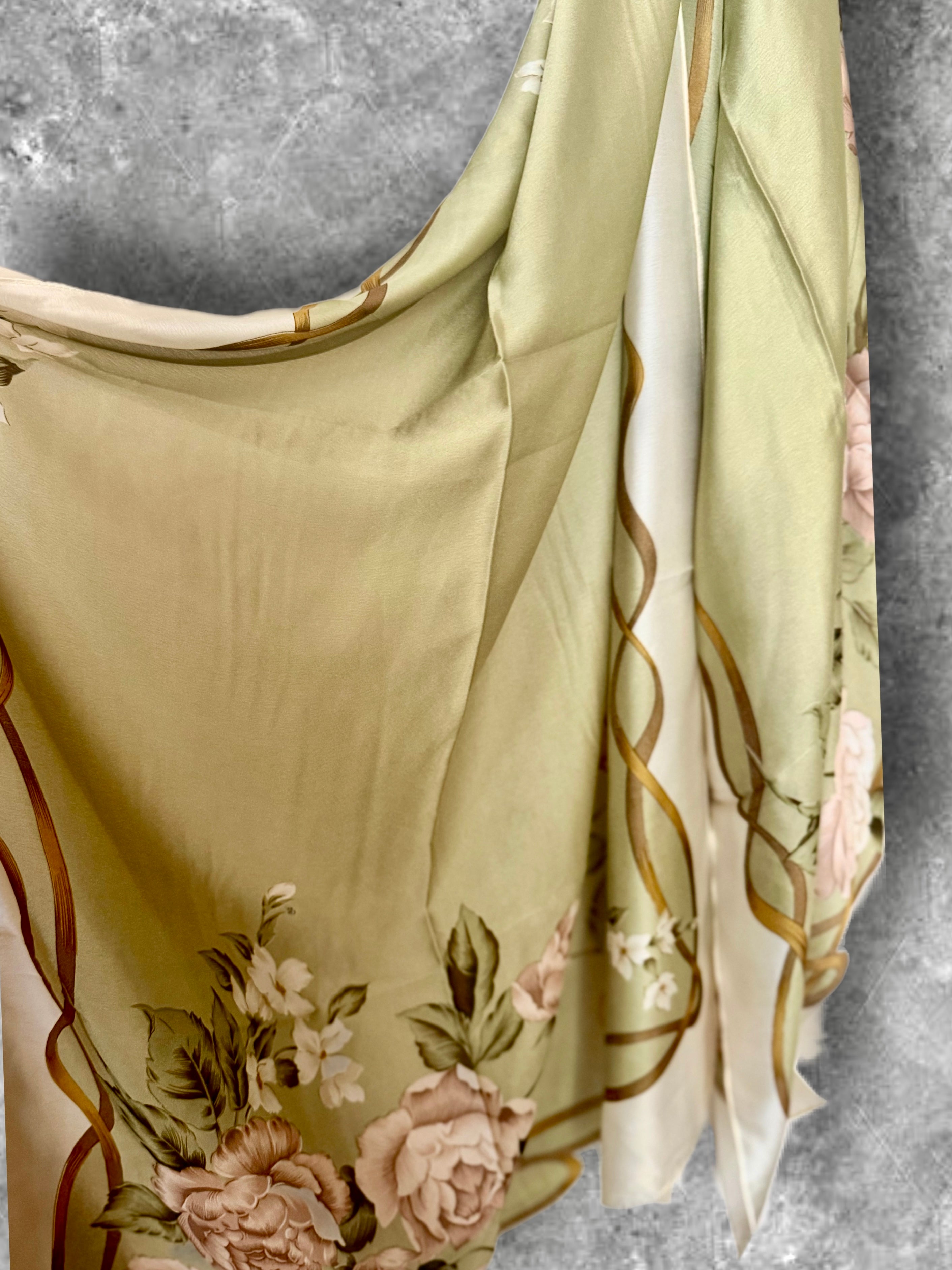 Olive Green Womens Silk Scarf with White Rose Floral Design,Lightweight Spring Sumner Wrap