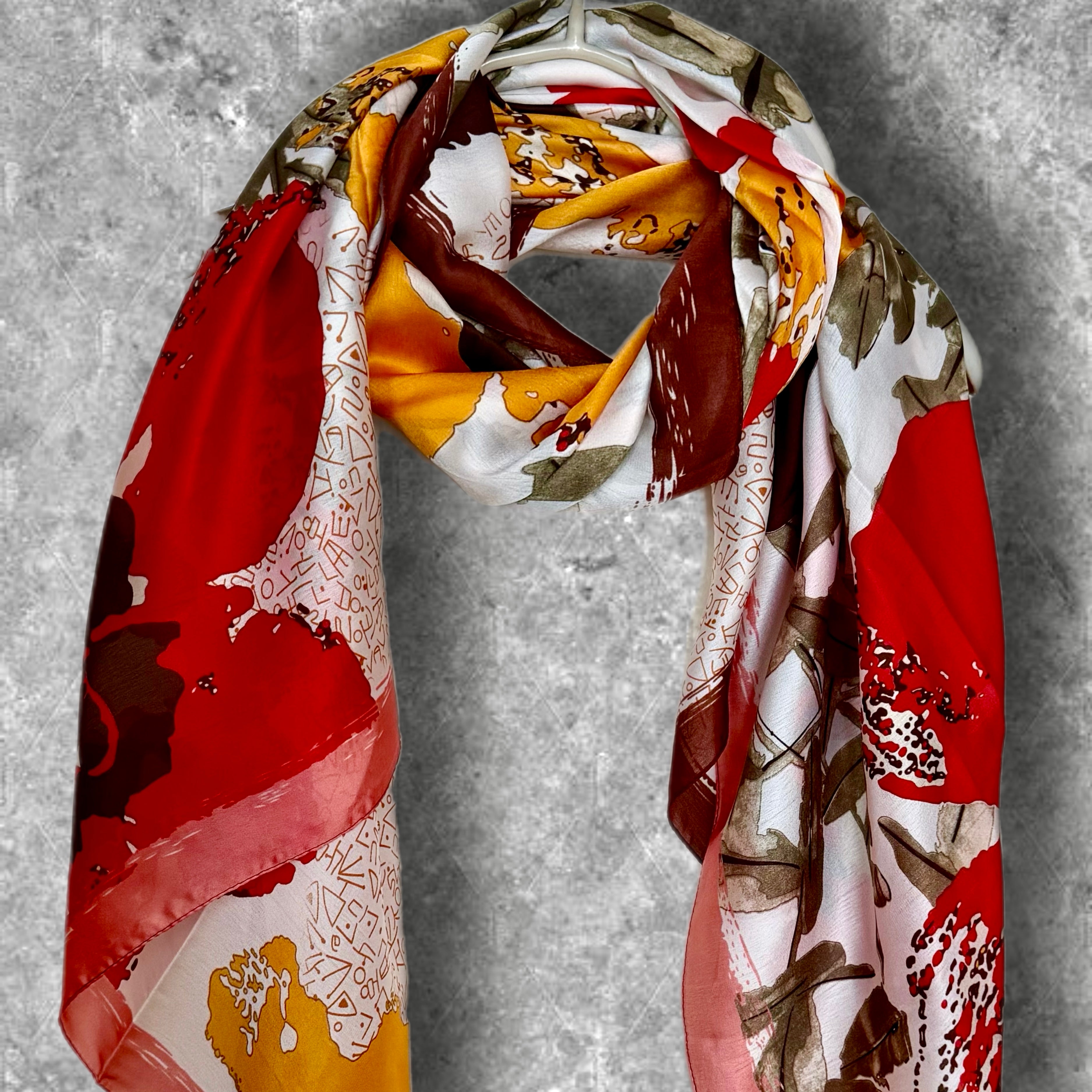 Abstract Modern Art Print Long Silk Scarf in Red and Orange