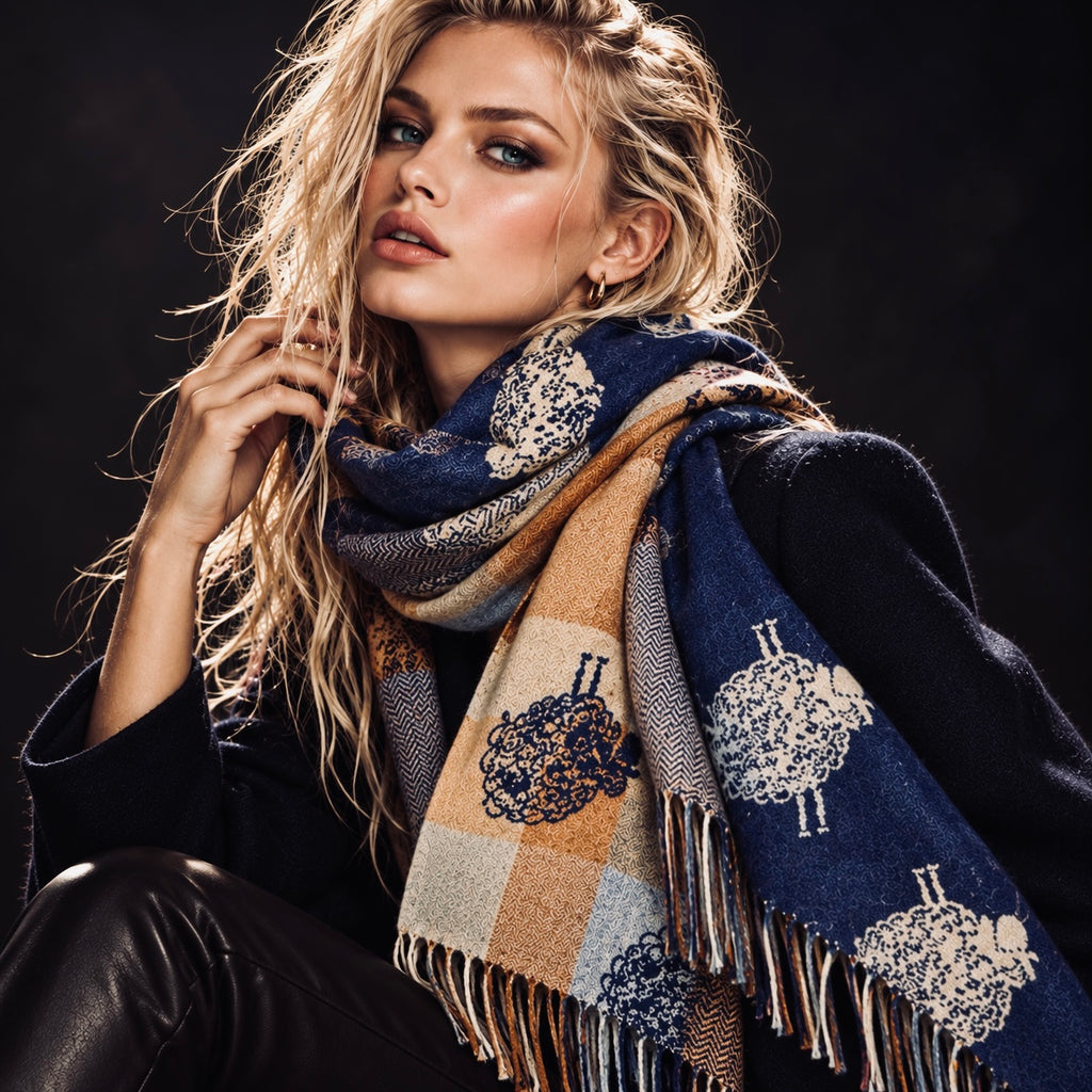 Reversible Navy Blue Sheep Winter Scarf