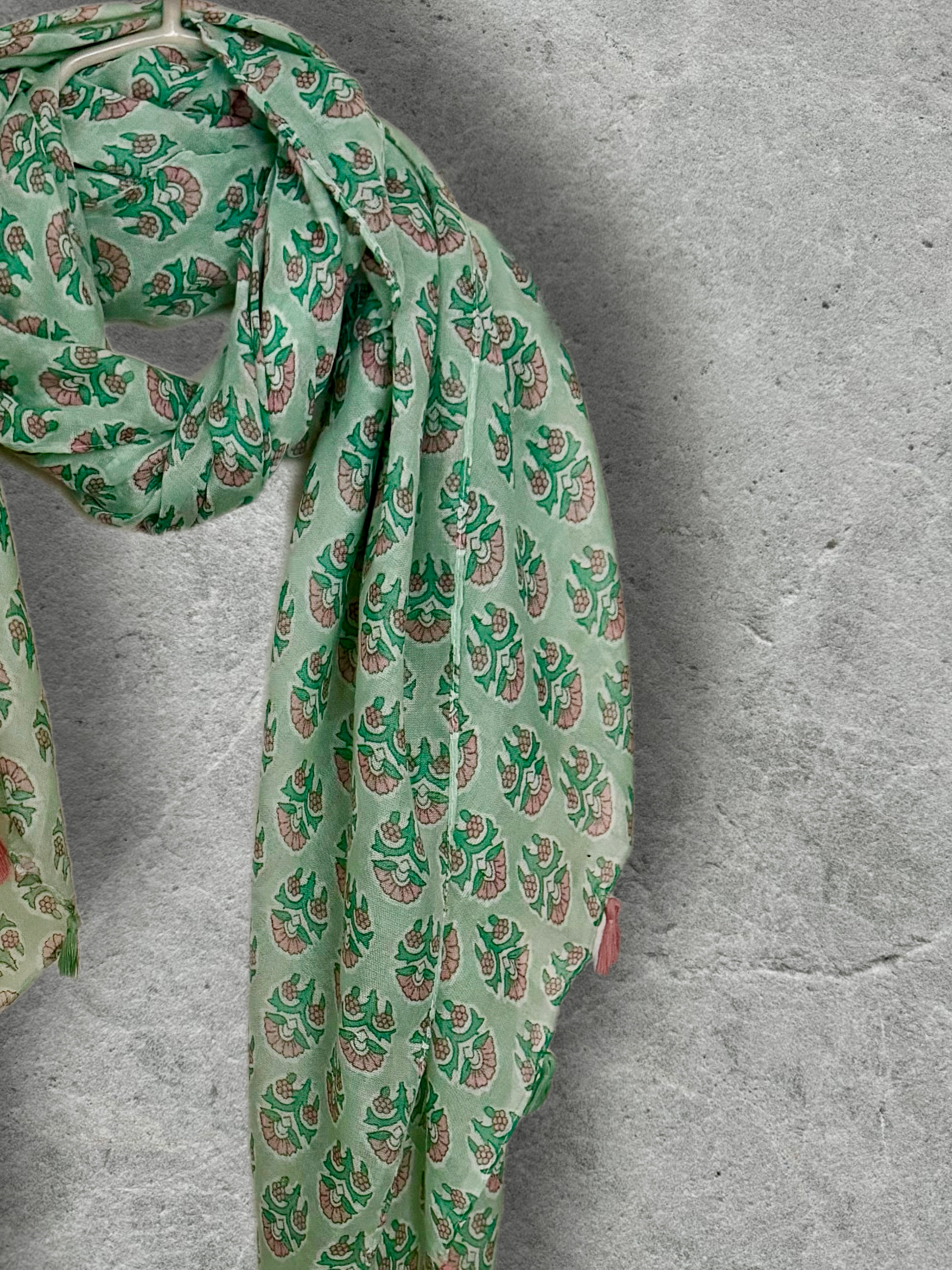 Mint Green Botanical Cotton Scarf,Lightweight Summer Wrap,Bohemian Floral Shawl with Tassels
