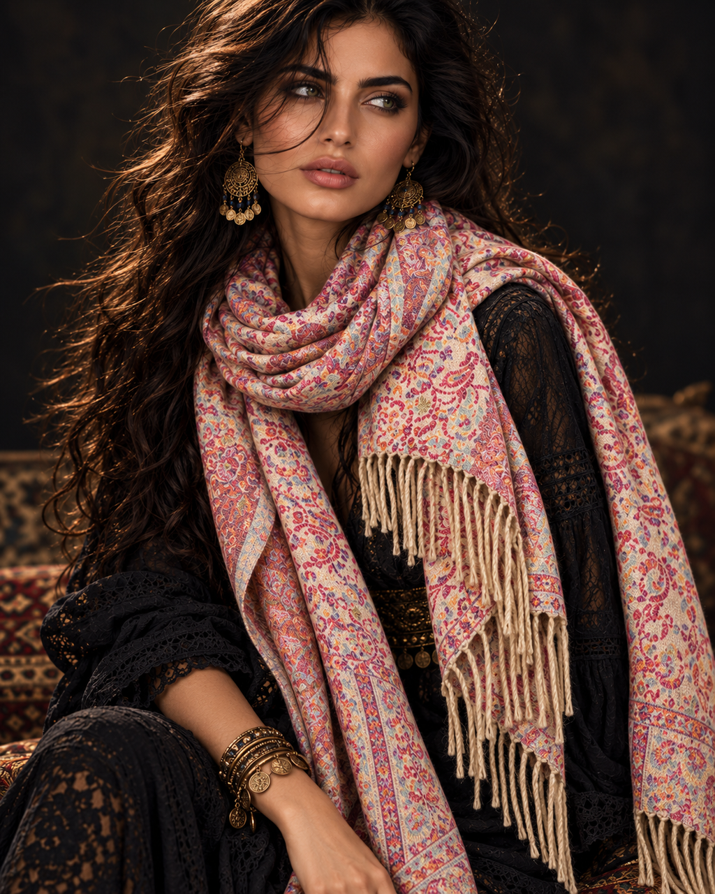 Blush Cream Pink Antique Floral Weave Reversible Winter Scarf