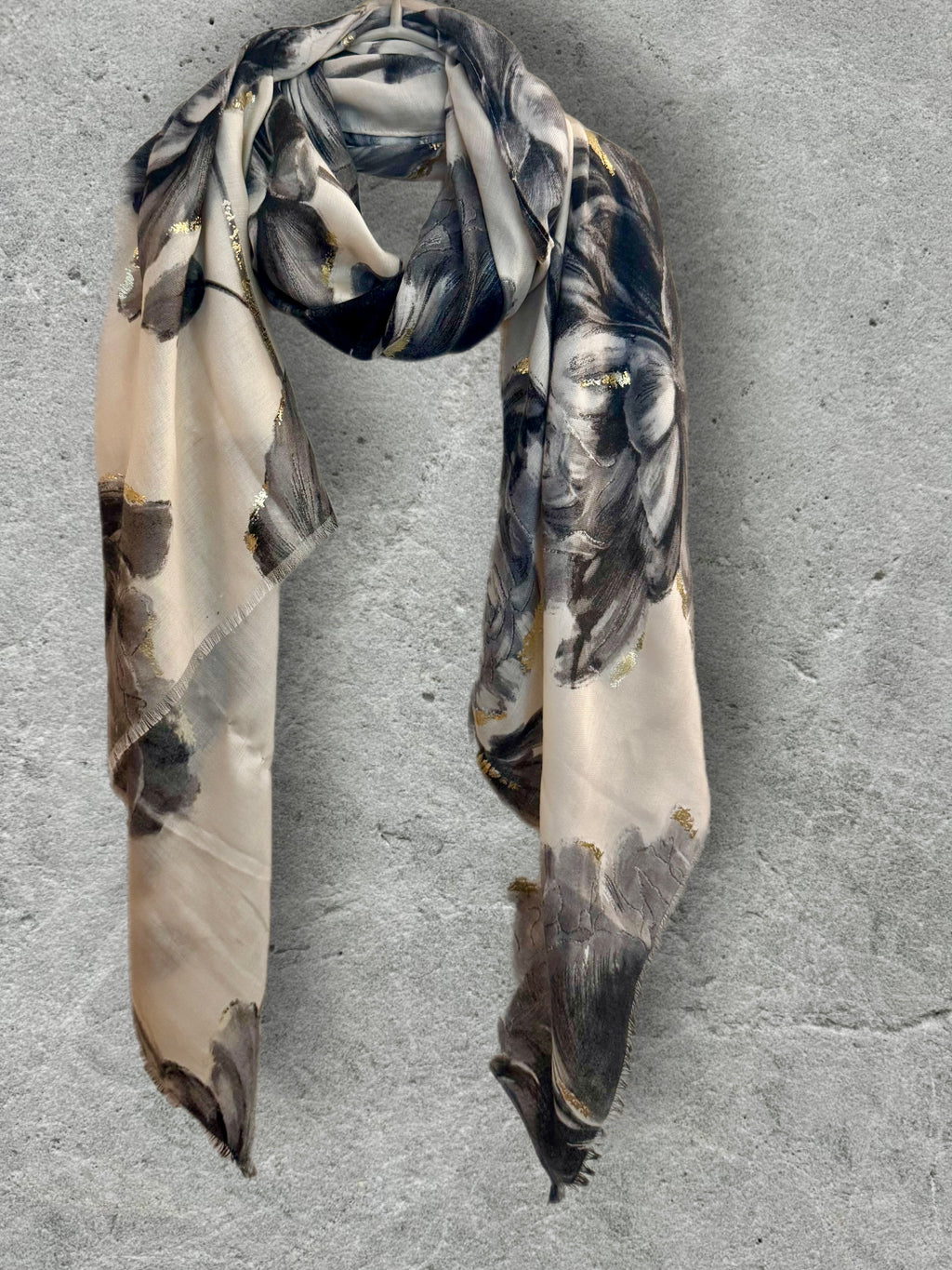 Elegant Grey Peony Scarf with Gold Highlights,Floral Sketch Wrap