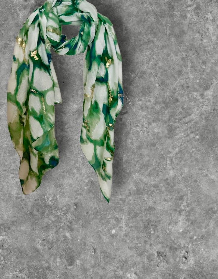 Green Marble Effect Cotton Scarf for Women,Lightweight Summer Wrap with Gold Accents