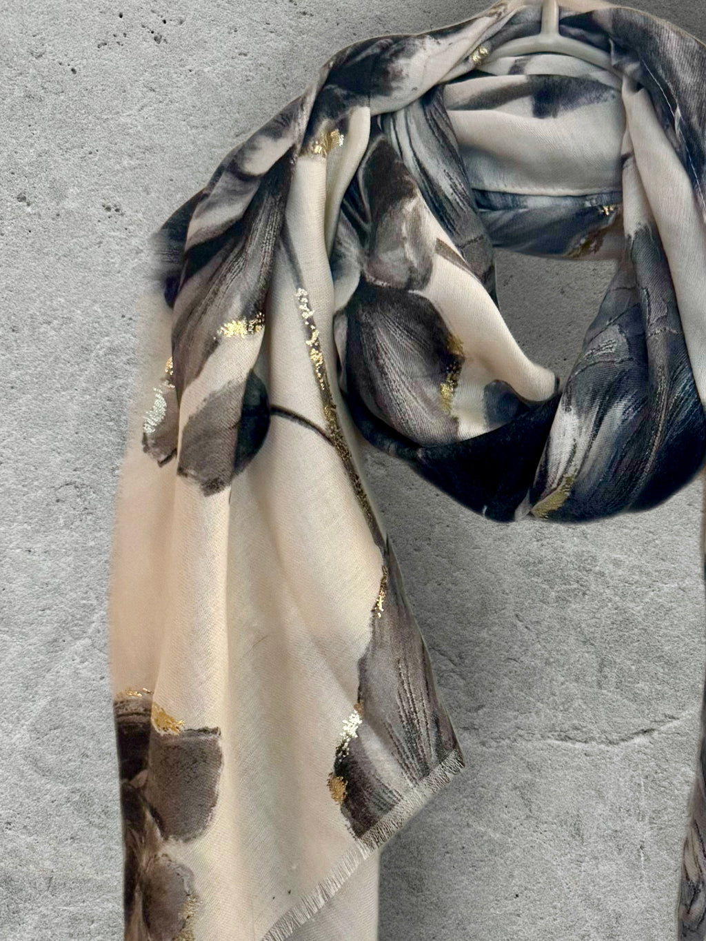 Elegant Grey Peony Scarf with Gold Highlights,Floral Sketch Wrap