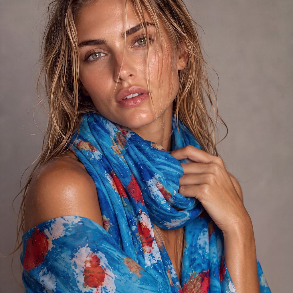 Blue Floral Abstract Cotton Scarf for Women,Lightweight Sheer Summer Wrap