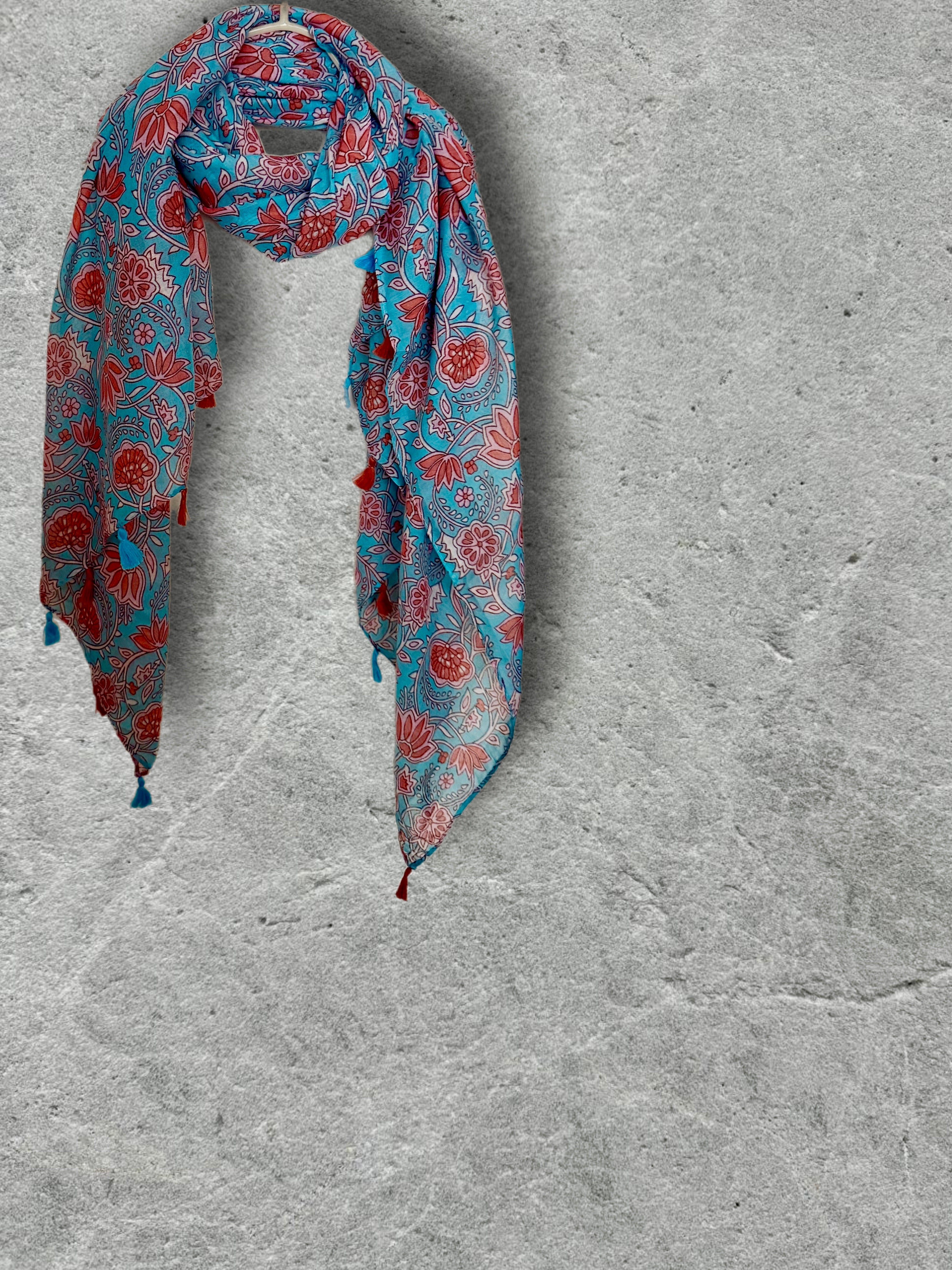 Turquoise Blue Floral Scarf,Lightweight Spring Summer Shawl,Soft Cotton Tassel Wrap for Women