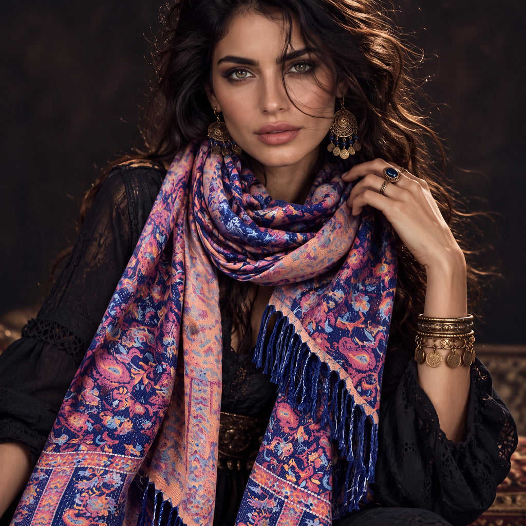Navy Blue Pink Bohemian Botanical Reversible Winter Scarf