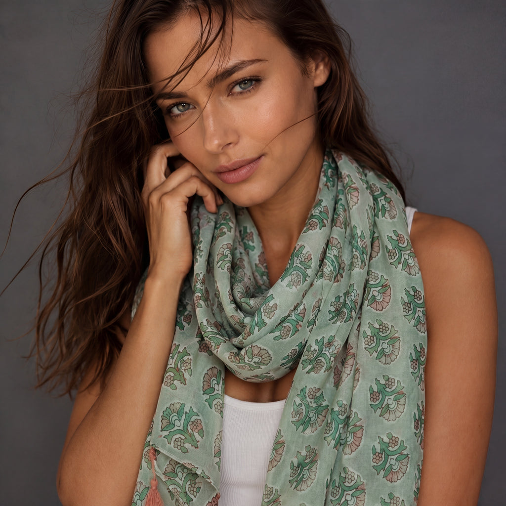 Mint Green Botanical Cotton Scarf,Lightweight Summer Wrap,Bohemian Floral Shawl with Tassels