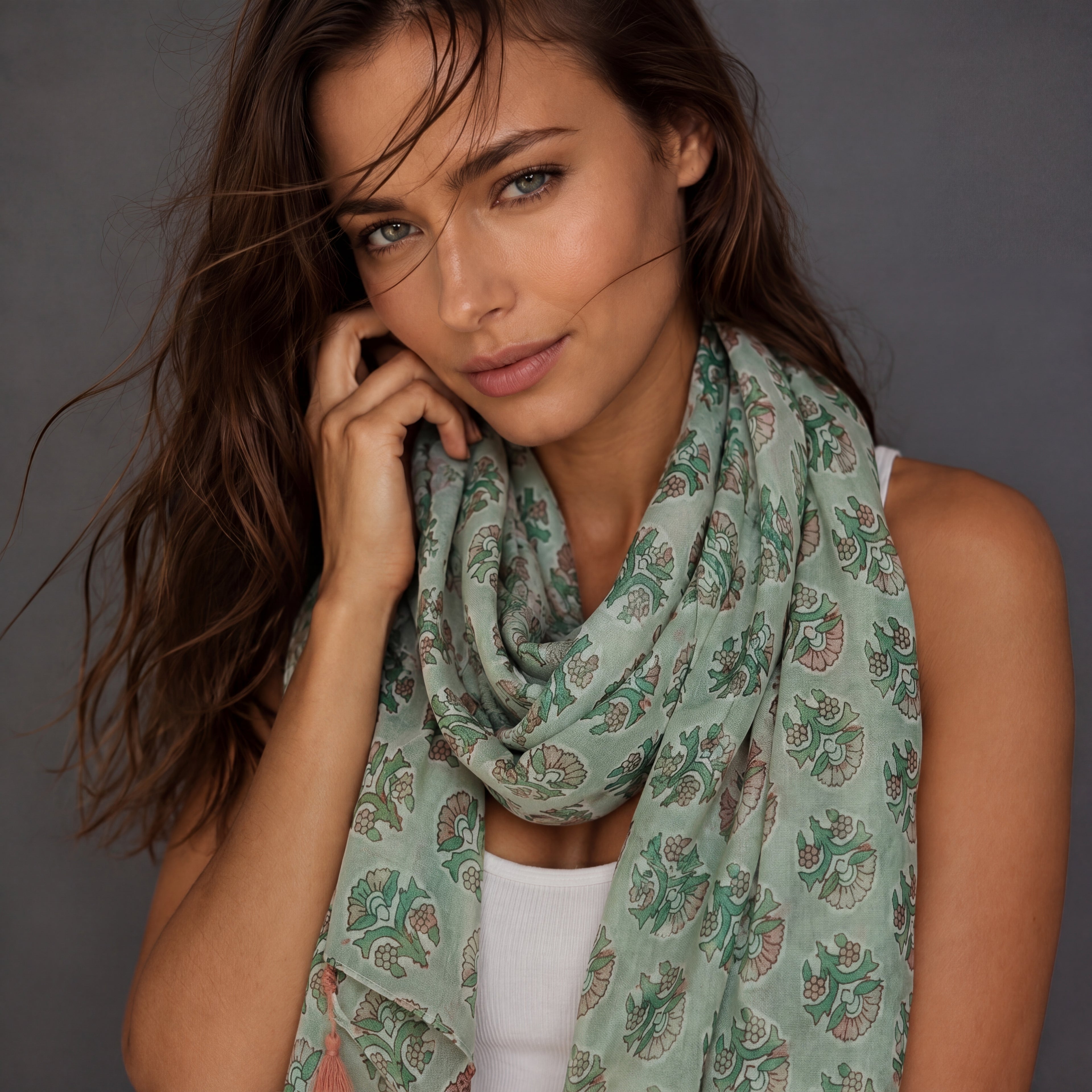 Mint Green Botanical Cotton Scarf,Lightweight Summer Wrap,Bohemian Floral Shawl with Tassels