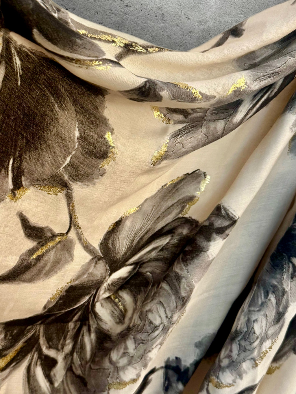 Elegant Grey Peony Scarf with Gold Highlights,Floral Sketch Wrap