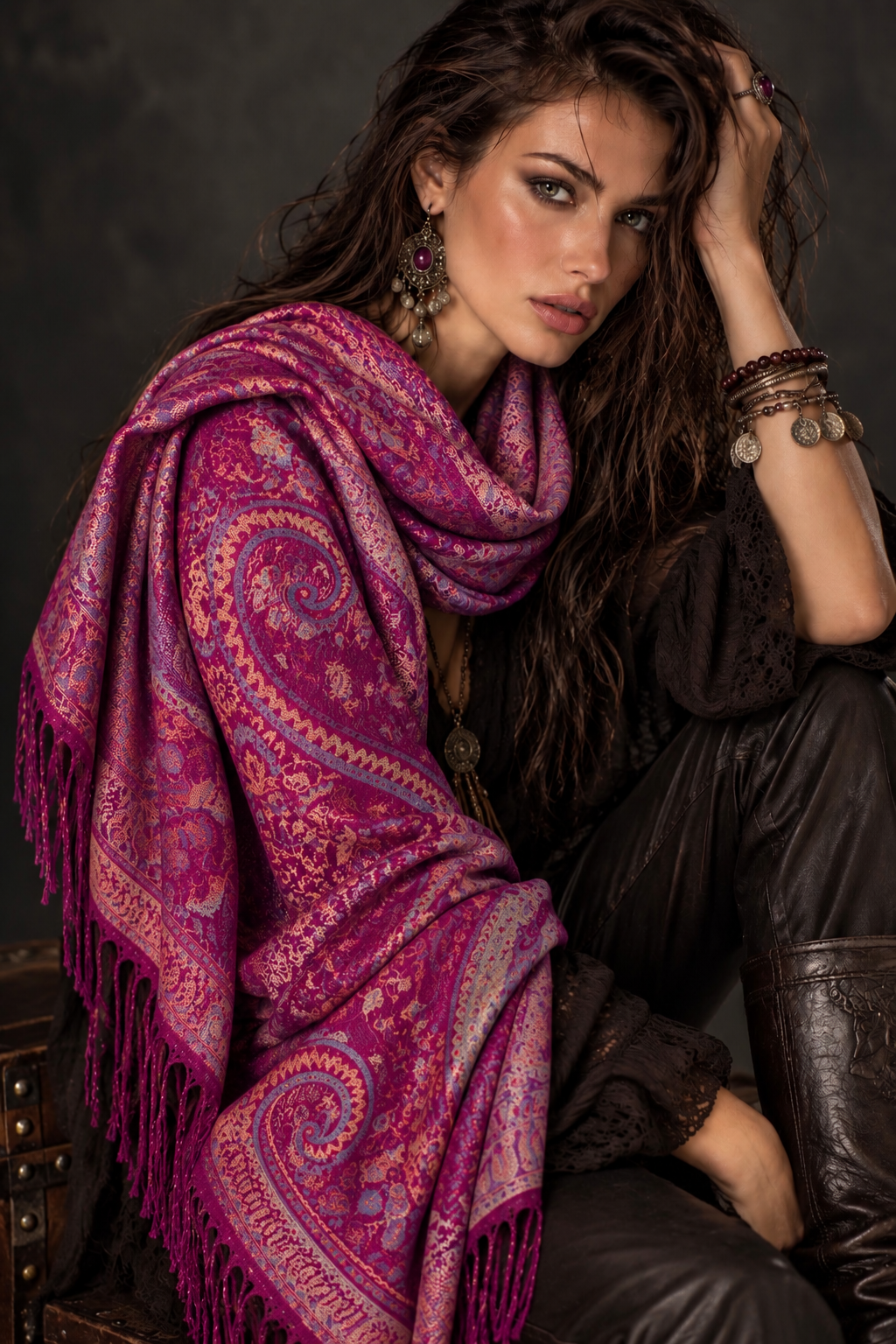Magenta Paisley Scarf, Plum Floral Autumn Shawl