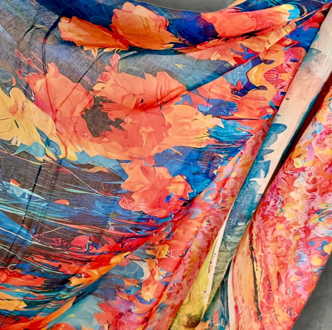 Orange Blue Watercolour Flower Print Cotton Scarf for Women,Lightweight Sheer Summer Wrap,Soft Breathable Shawl.