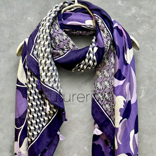 Versatile Purple Cotton Scarf with Seamless Flowers Pattern and Tassels – Ideal for Gifting to Her or Mom, Suitable for All Year-Round