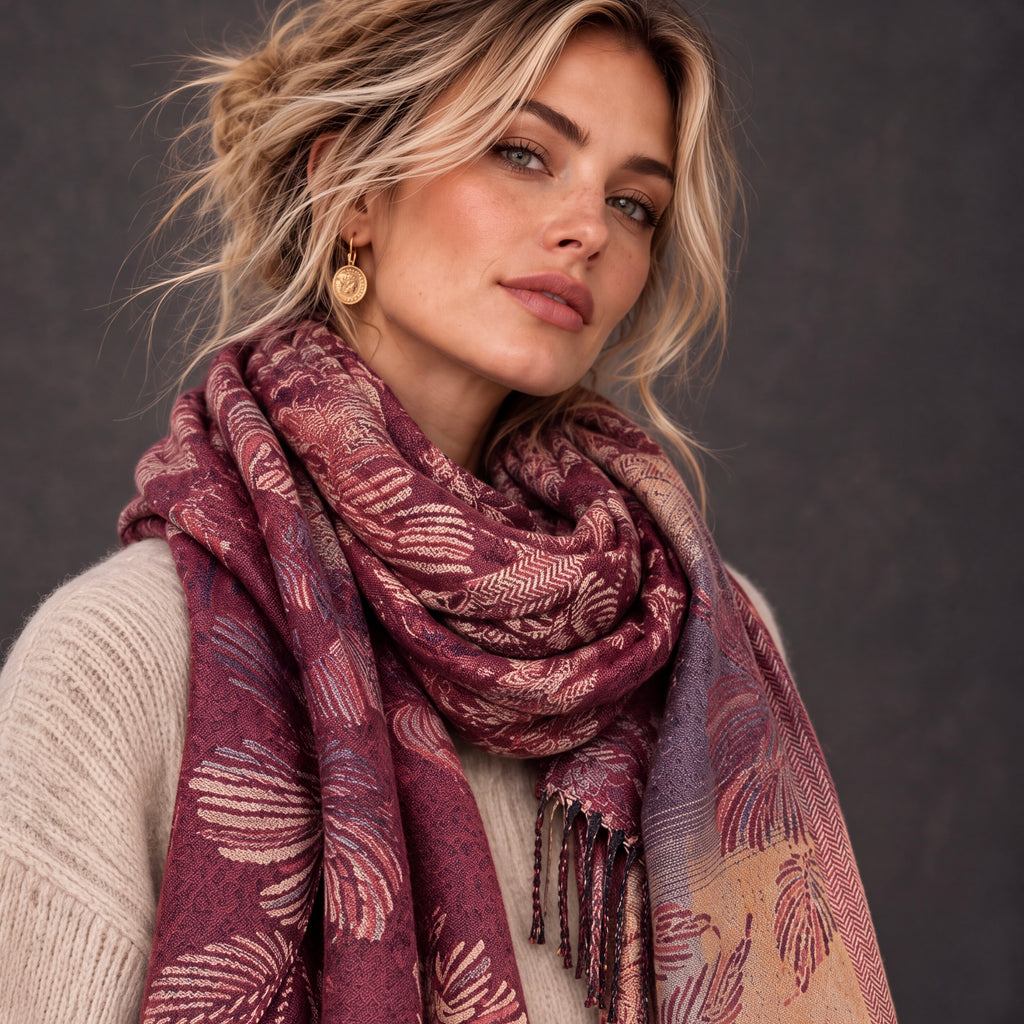 Reversible Burgundy Floral Winter Scarf