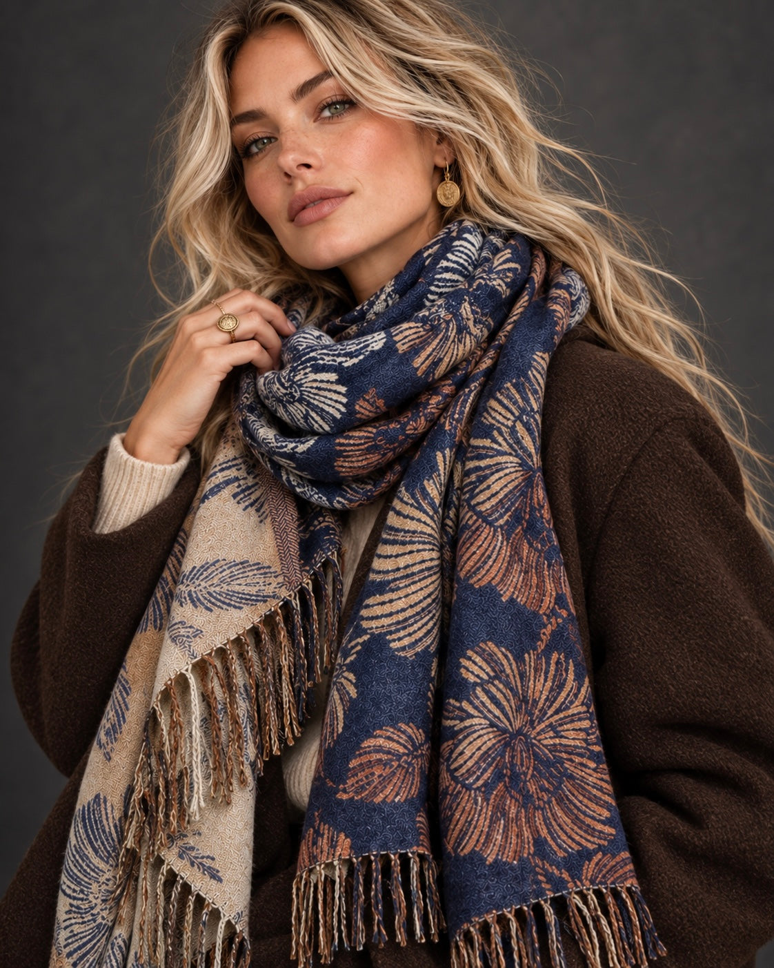 Reversible Navy Beige Botanical Floral Winter Scarf