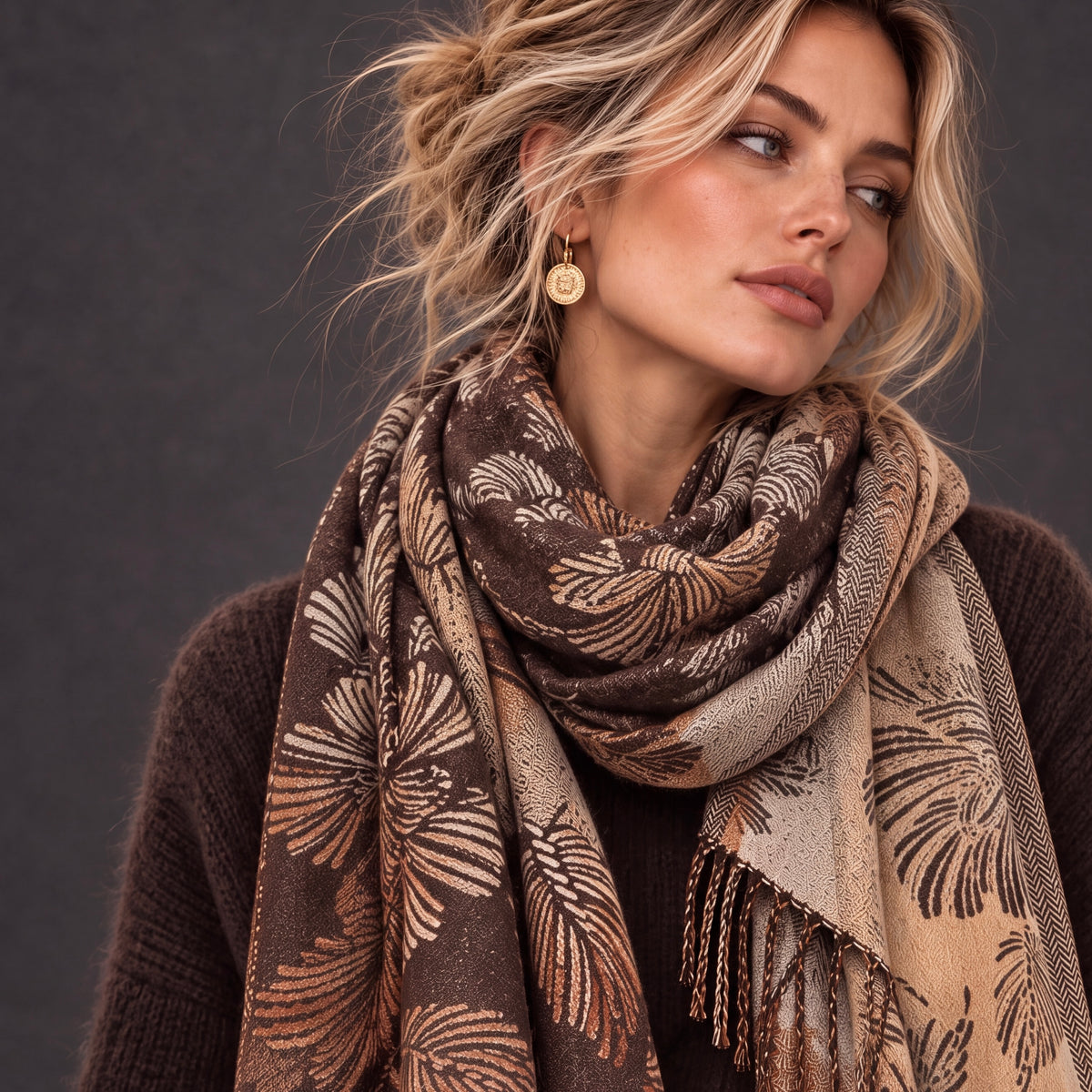 Beige Brown Reversible Botanical Floral Winter Scarf