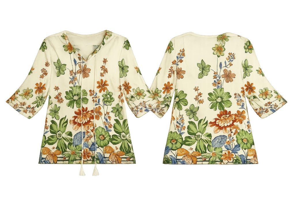 Cream Boho floral Blouse for Women with Half Sleeves,Spring Summer Shirts Top