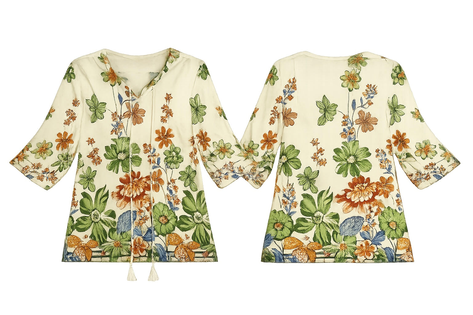 Cream Boho floral Blouse for Women with Half Sleeves,Spring Summer Shirts Top