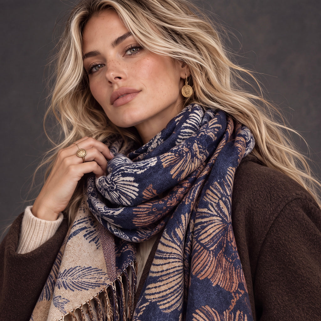 Reversible Navy Beige Botanical Floral Winter Scarf
