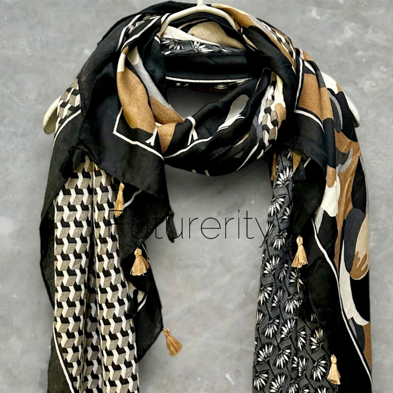 Versatile Black Cotton Scarf with Seamless Flowers Pattern and Tassels – Ideal for Gifting to Her or Mom,Suitable for All Year-Round