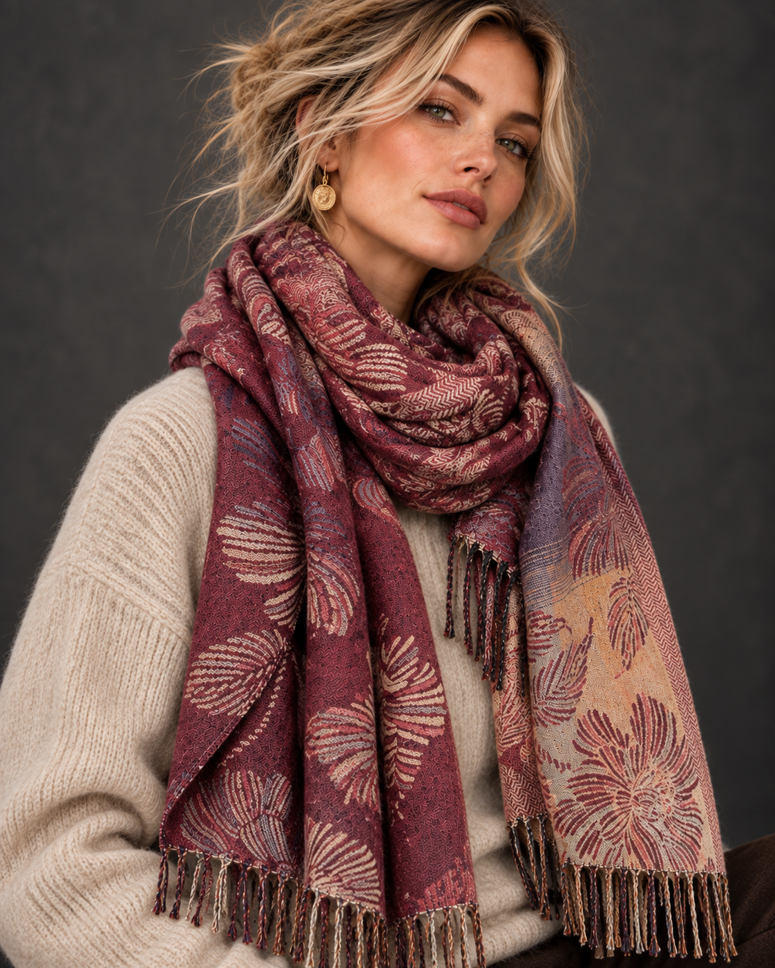 Reversible Burgundy Floral Winter Scarf