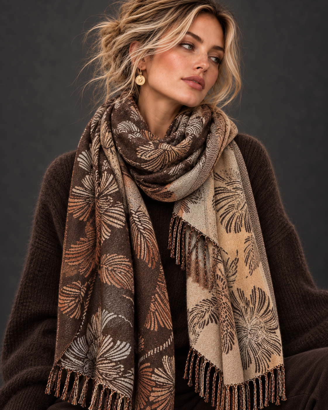 Beige Brown Reversible Botanical Floral Winter Scarf