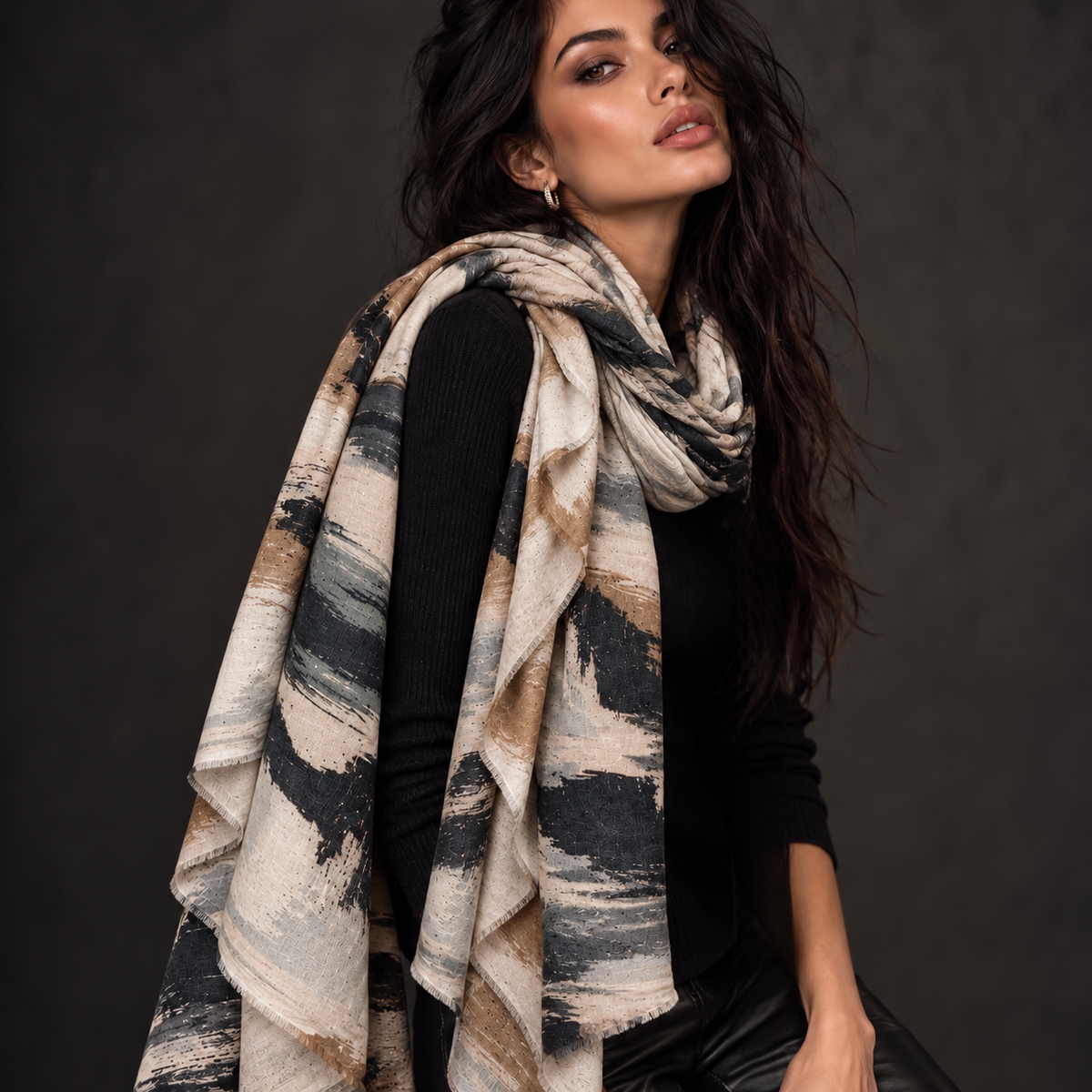 Black Beige Camel Brushstroke Autumn Winter Scarf