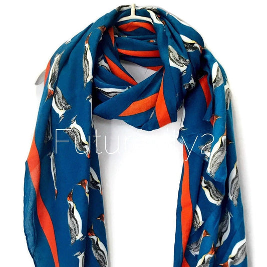 Penguins With Orange Trim Blue Cotton Scarf/Autumn Spring Summer Scarf/Scarves For Women/Gifts For Her/Gifts For Mom