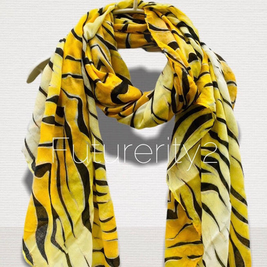 Tiger Print With Gold Accents Yellow Cotton Scarf/Spring Summer Autumn Scarf/Gifts For Her/Gifts For Mother/Scarves For Women/Christmas Gift