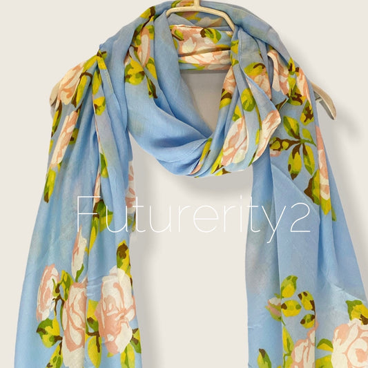 Watercolour Pink Roses Light Blue Cotton Scarf/Spring Summer Scarf/Gifts For Her/Gifts For Mom/Scarves Women/Birthday Gifts