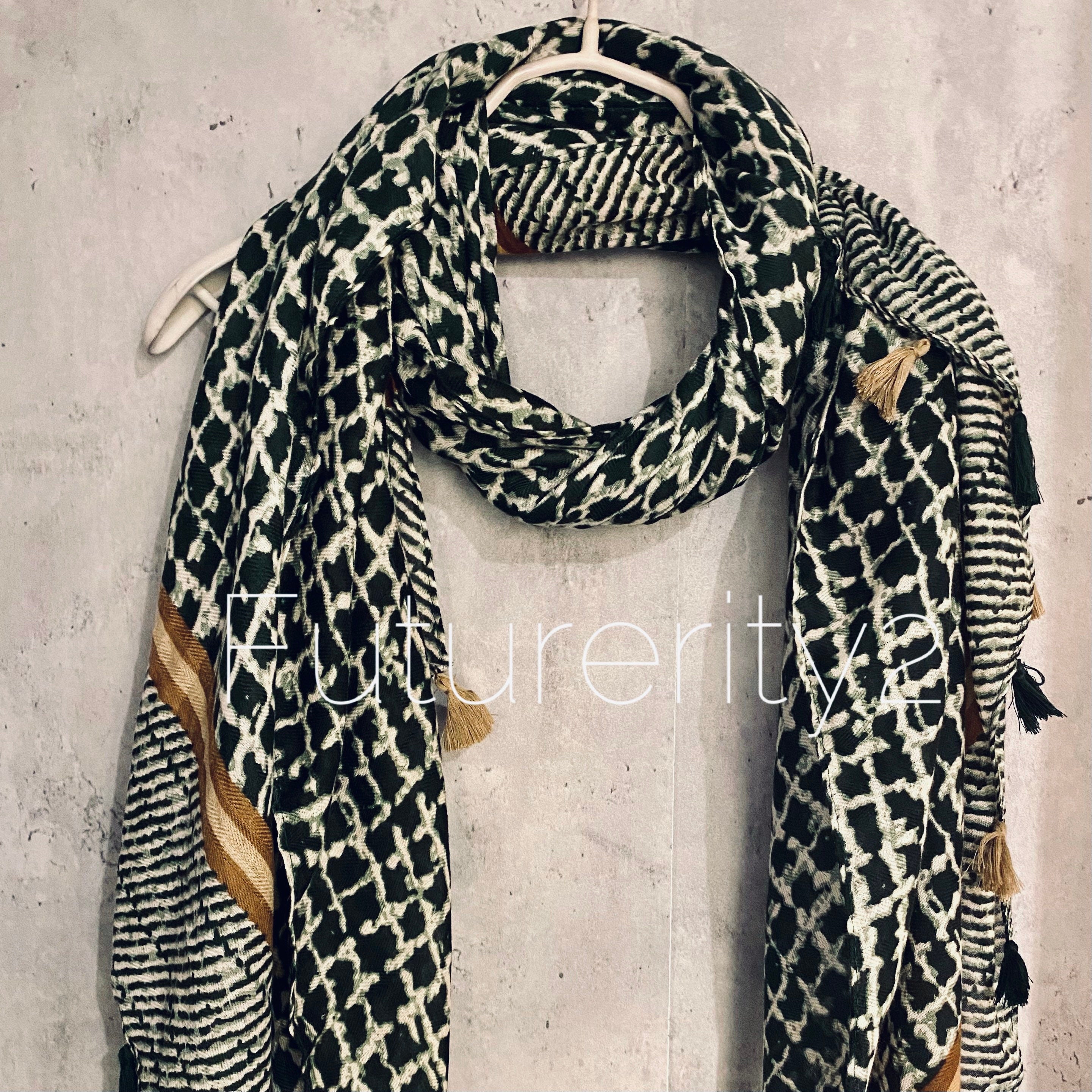 Tweed Pattern With Tassels Dark Green Cotton Scarf