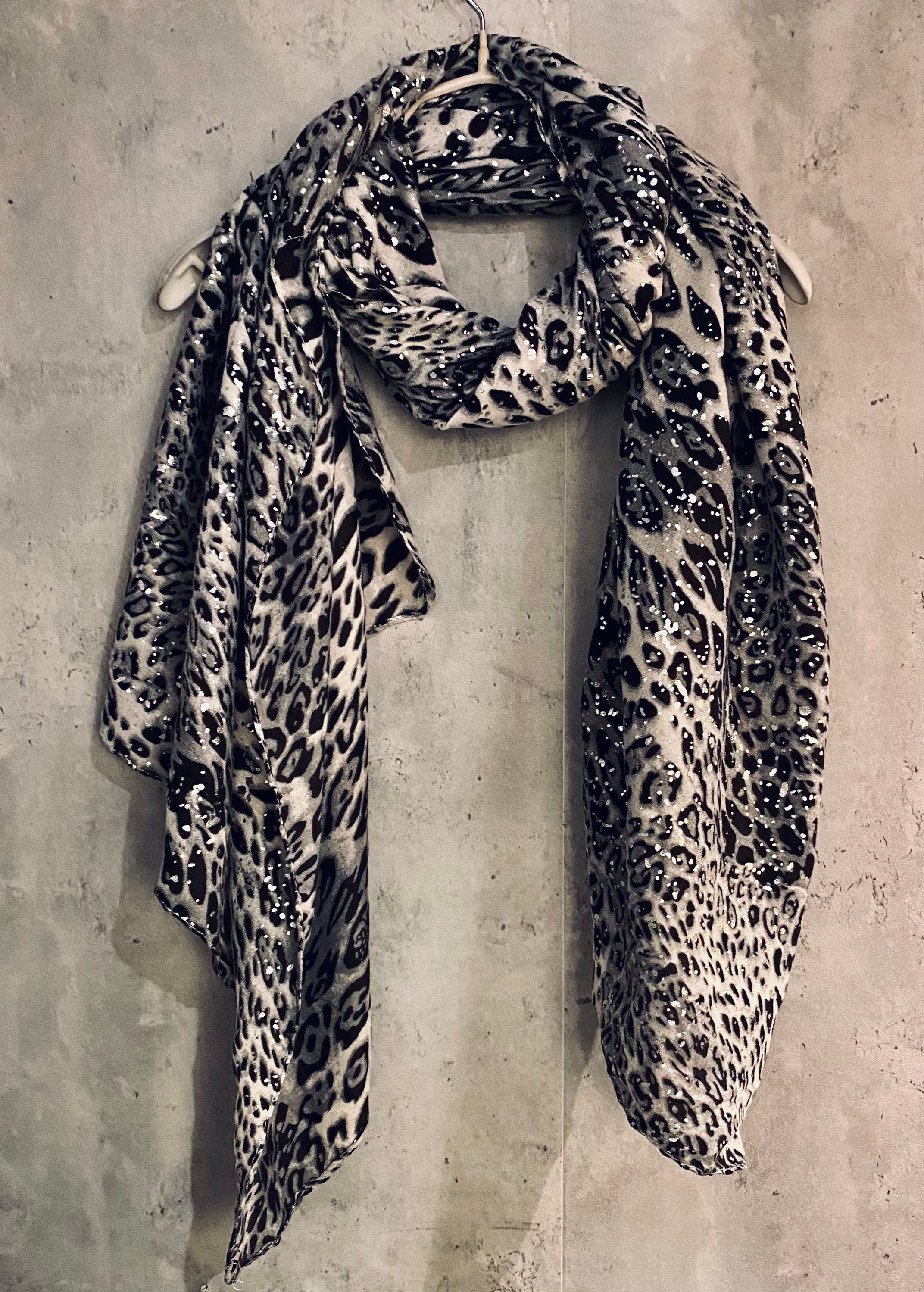 Glitter Leopard Pattern Grey Cotton Scarf