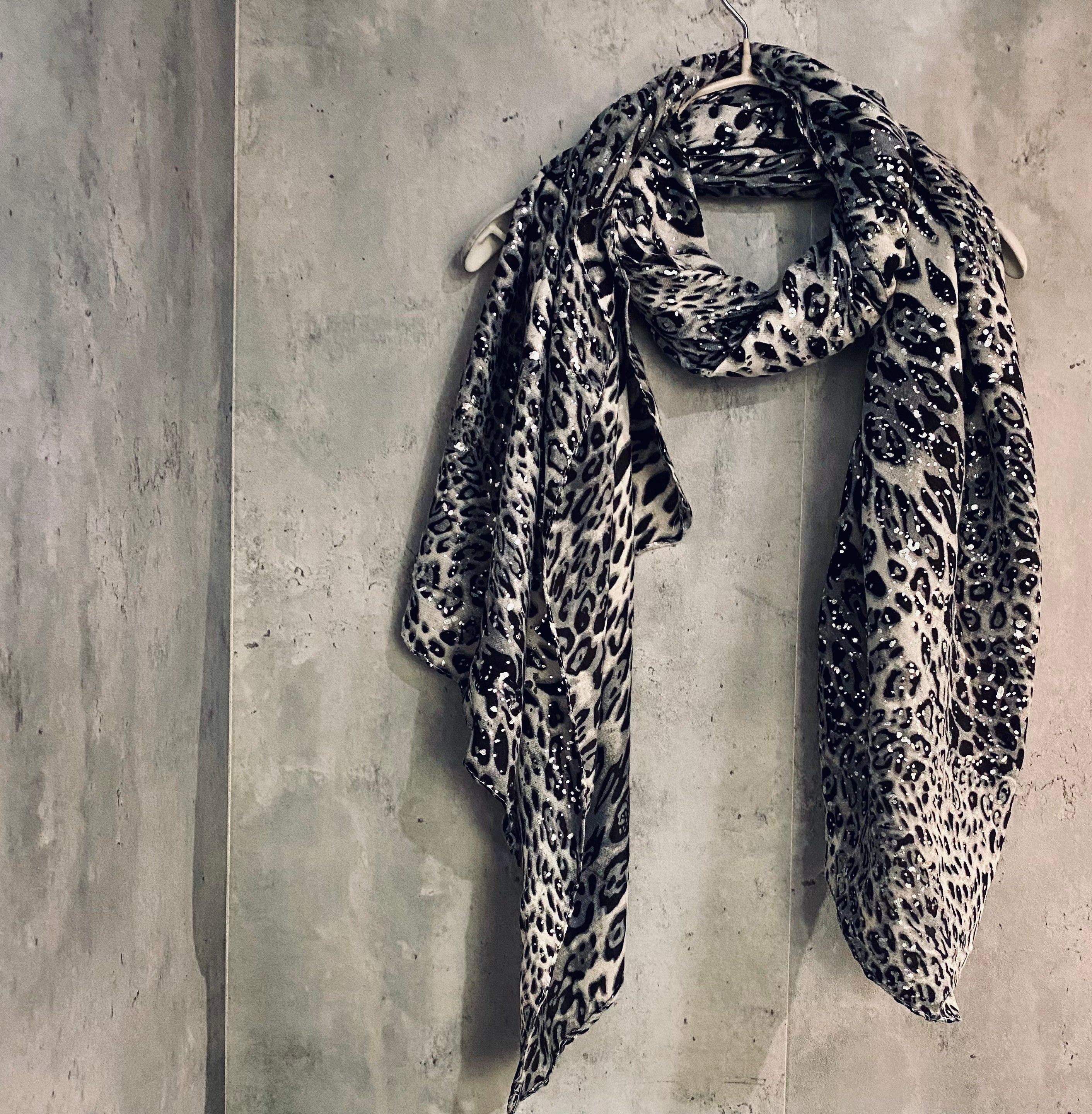 Glitter Leopard Pattern Grey Cotton Scarf