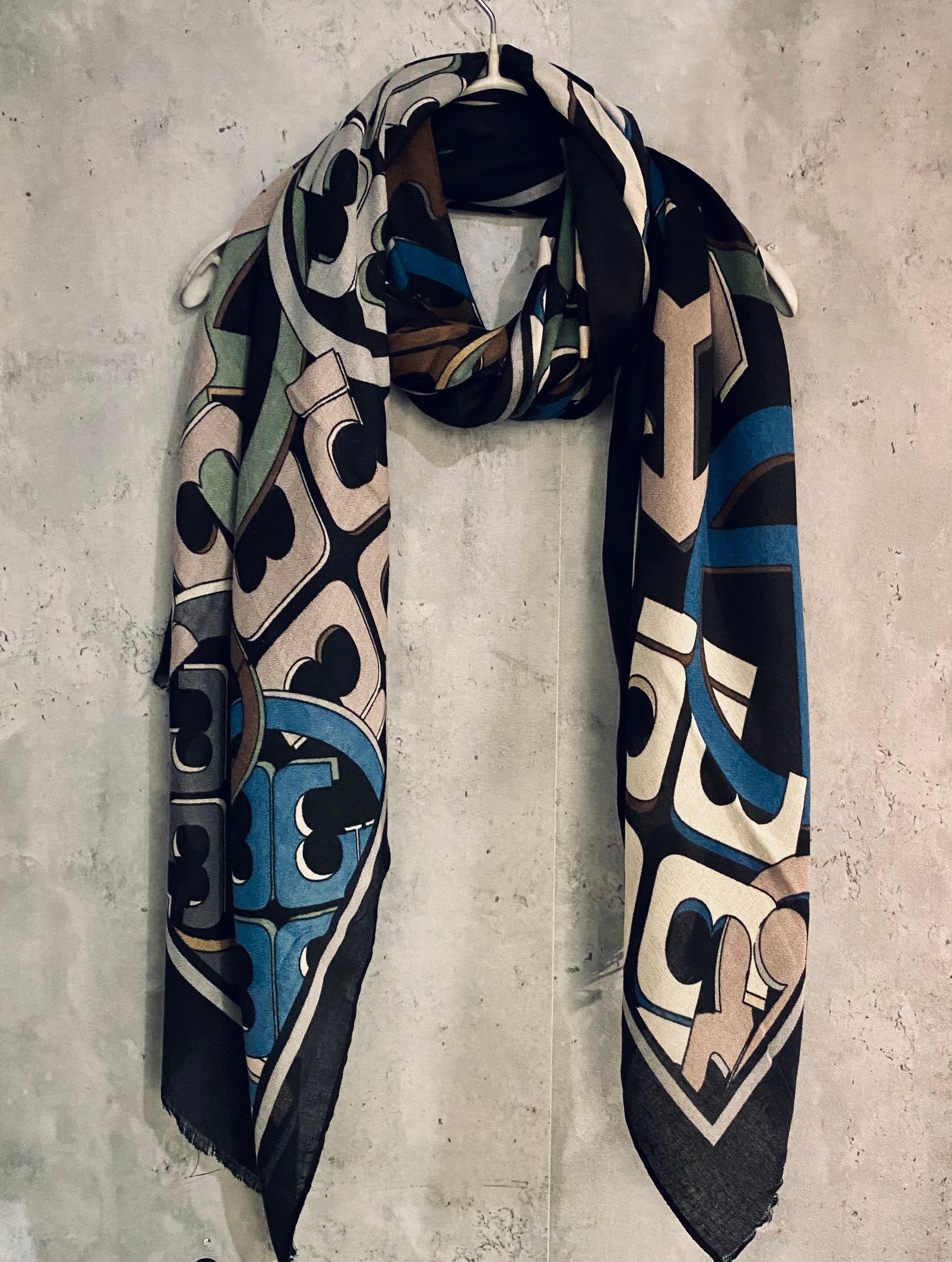 Retro Inspired Buckles Pattern Black Cotton Viscose Scarf/Summer Autumn Winter Scarf/Gifts For Mom/Gift For Her Birthday Christmas/UK Seller