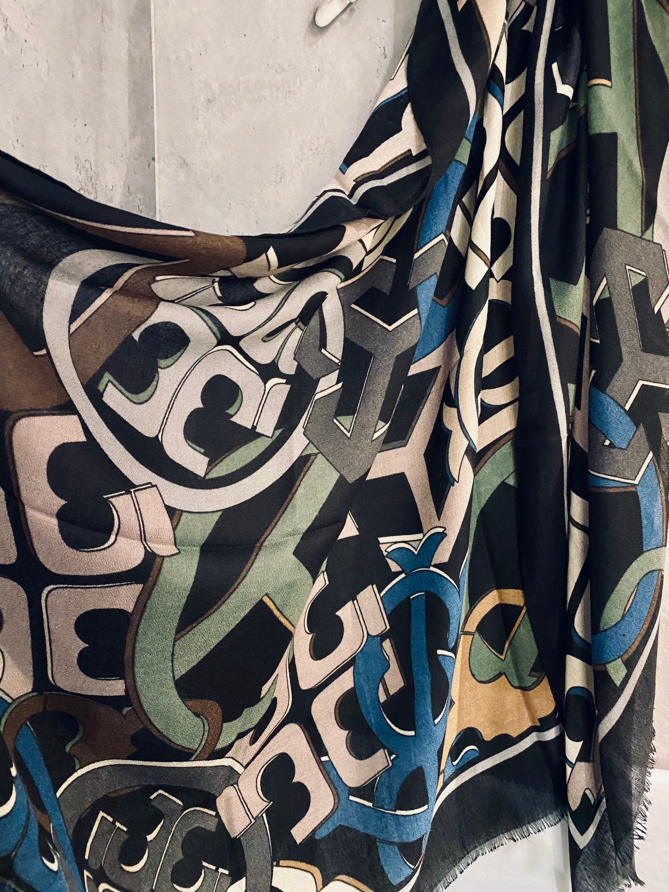 Retro Inspired Buckles Pattern Black Cotton Viscose Scarf/Summer Autumn Winter Scarf/Gifts For Mom/Gift For Her Birthday Christmas/UK Seller
