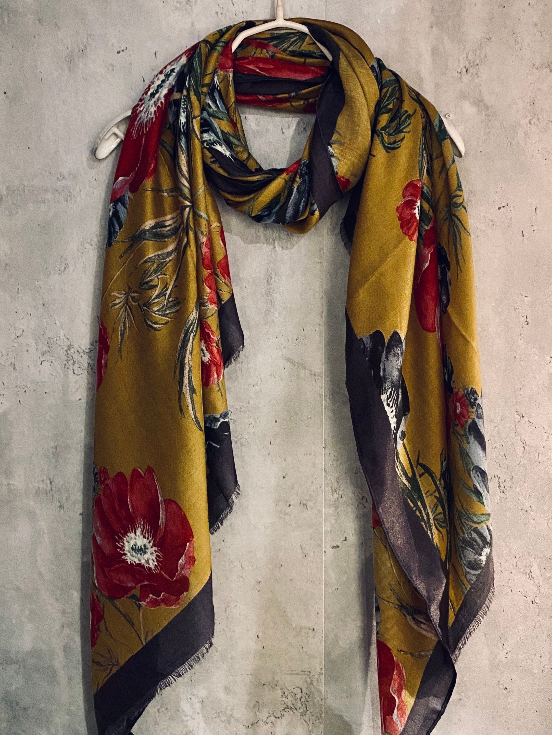 Vintage Poppy Flower Scarf with Black Trim in Golden Brown.