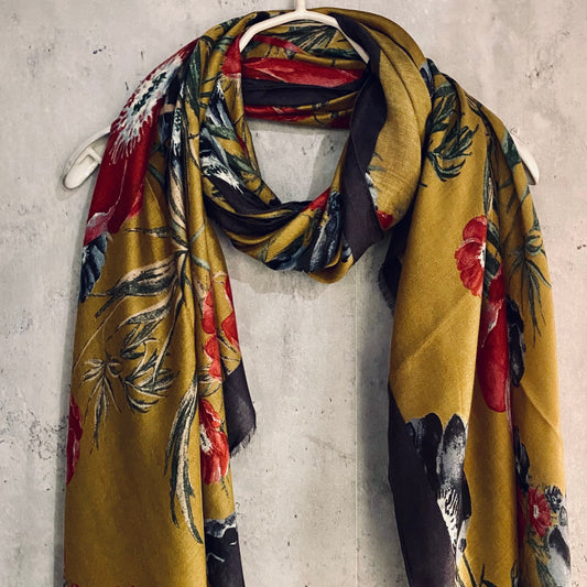 Vintage Poppy Flower Scarf with Black Trim in Golden Brown.Perfect for Summer and Autumn,Ideal Gift for Mom's Birthday or Christmas.