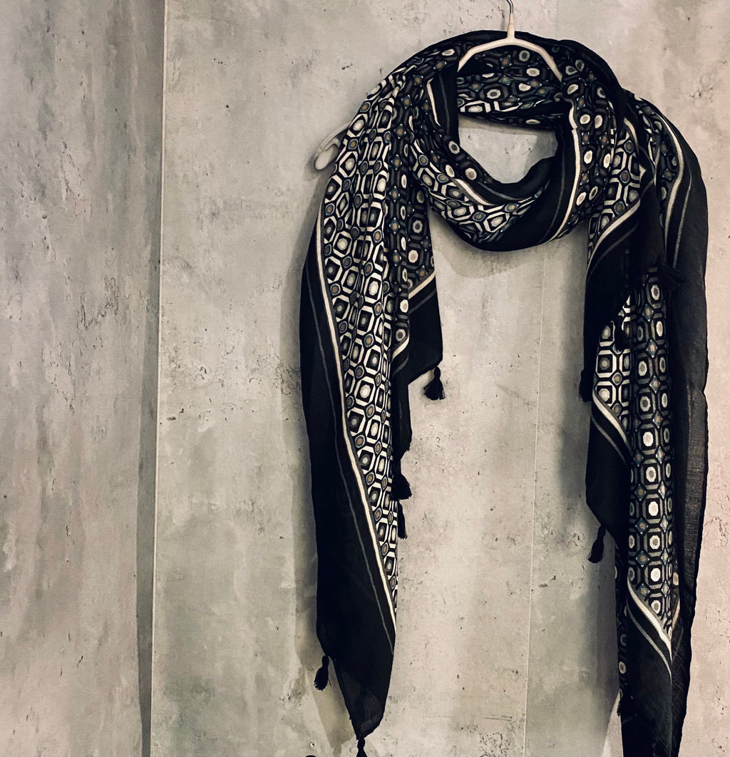 Moroccan Tiles inspired With Tassels Black Cotton Scarf