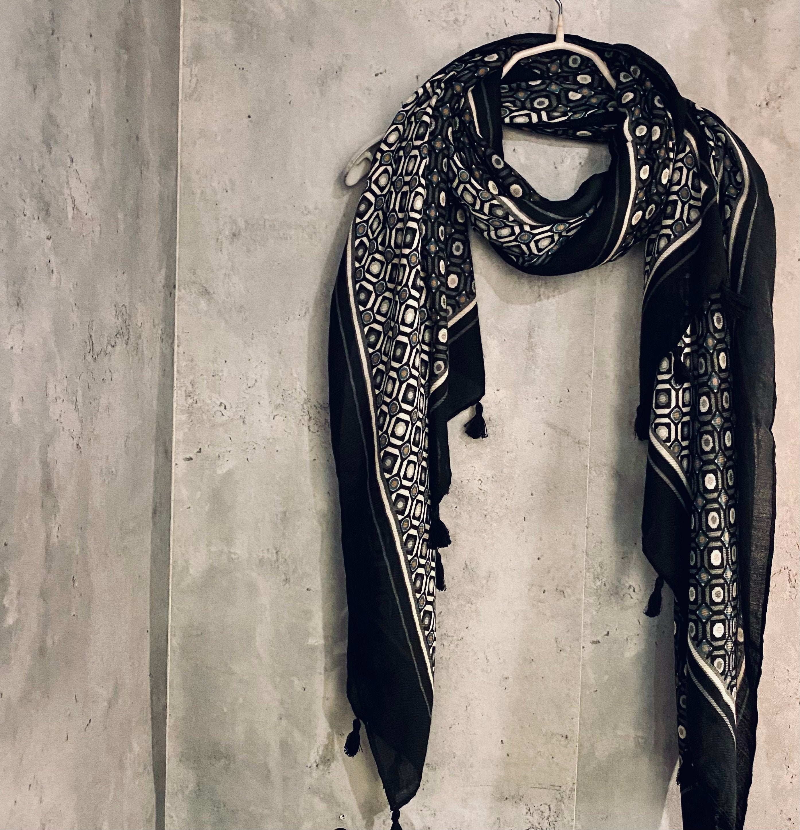 Moroccan Tiles inspired With Tassels Black Cotton Scarf
