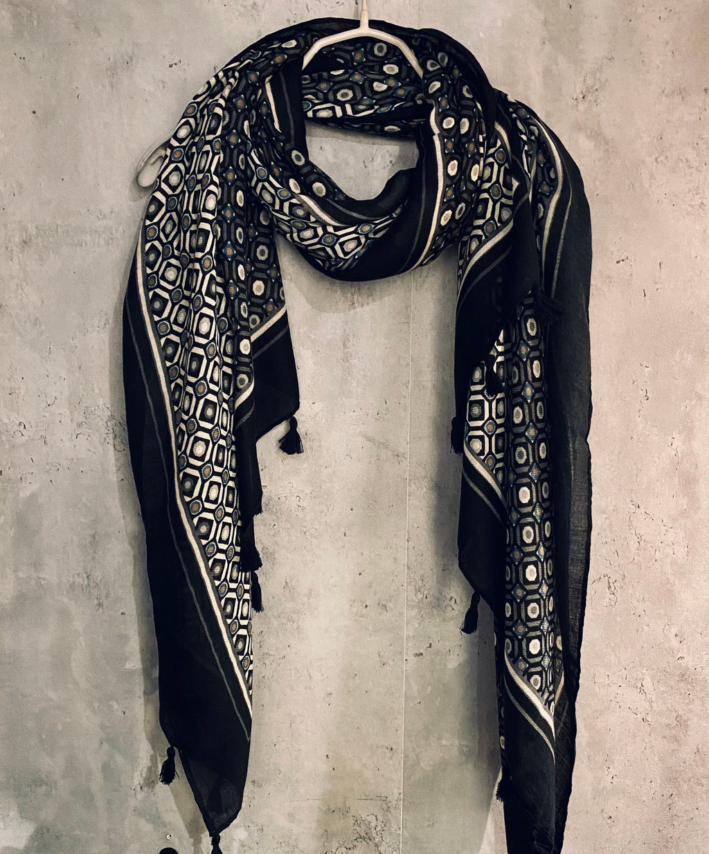Moroccan Tiles inspired With Tassels Black Cotton Scarf