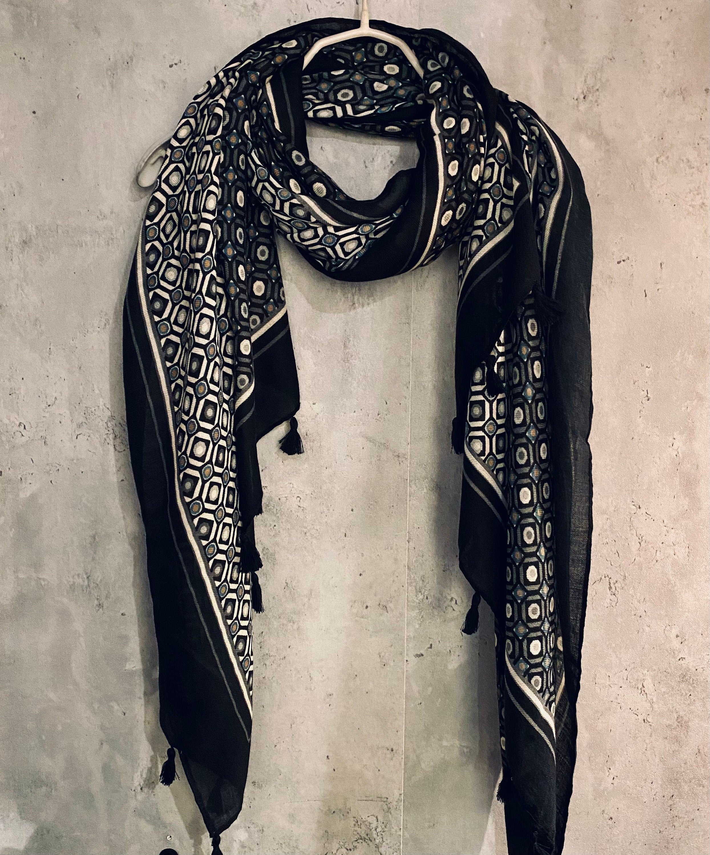 Moroccan Tiles inspired With Tassels Black Cotton Scarf