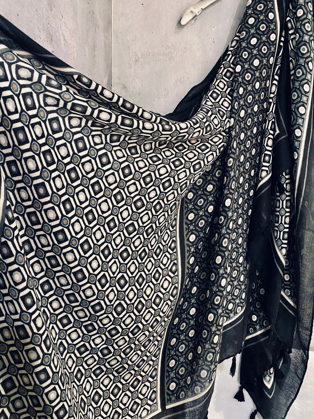 Moroccan Tiles inspired With Tassels Black Cotton Scarf
