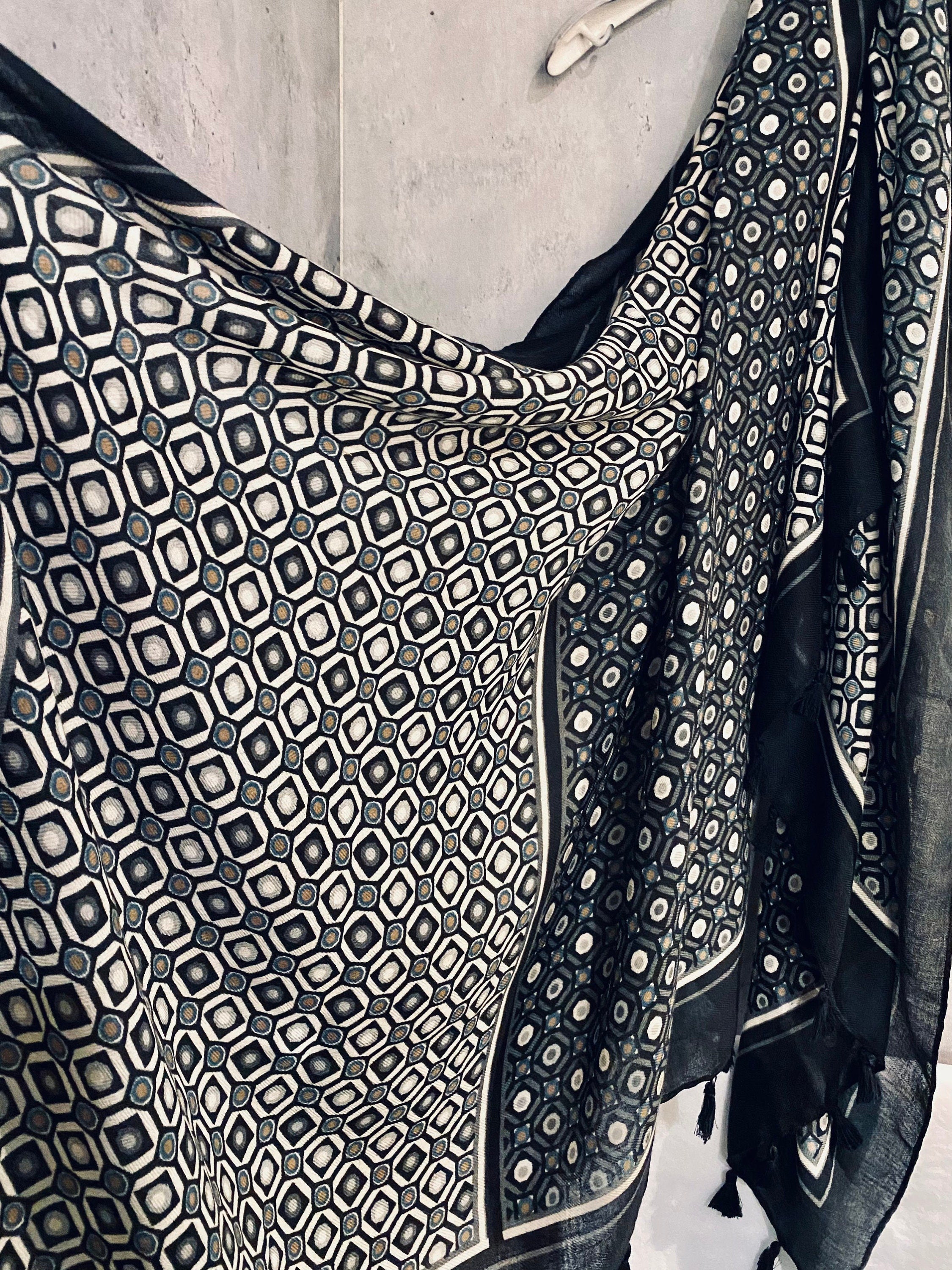 Moroccan Tiles inspired With Tassels Black Cotton Scarf
