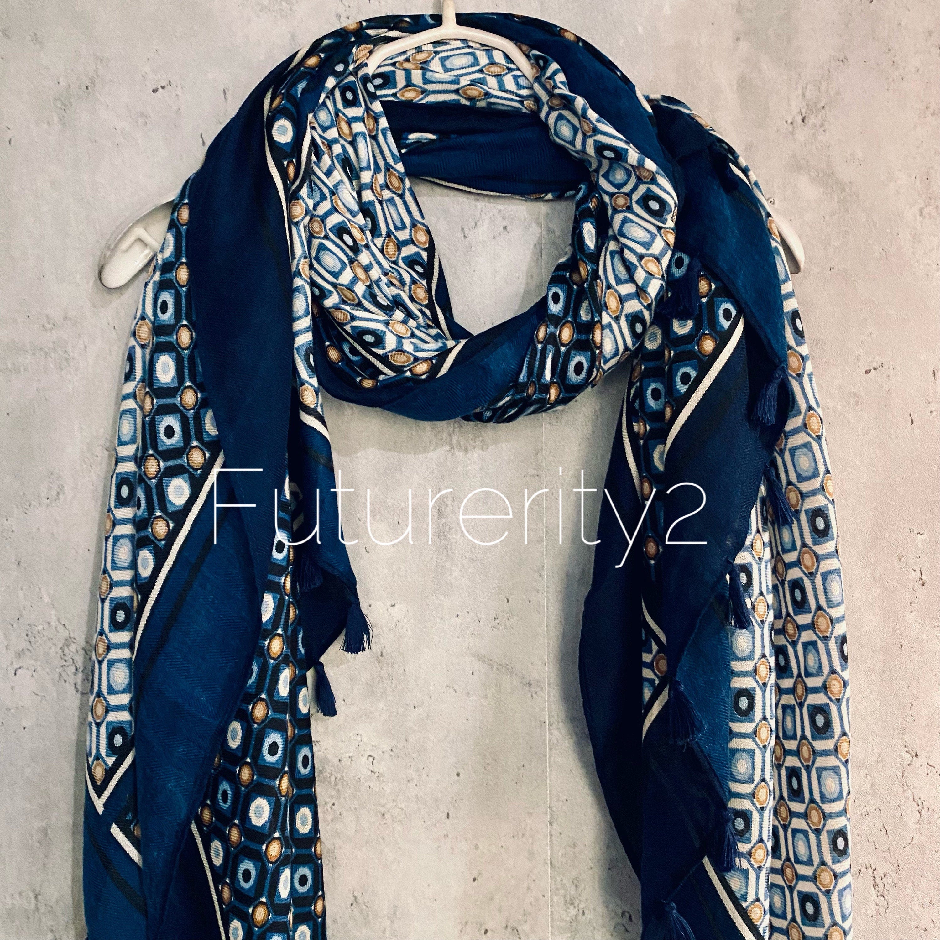 Moroccan Tiles inspired With Tassels Blue Cotton Scarf