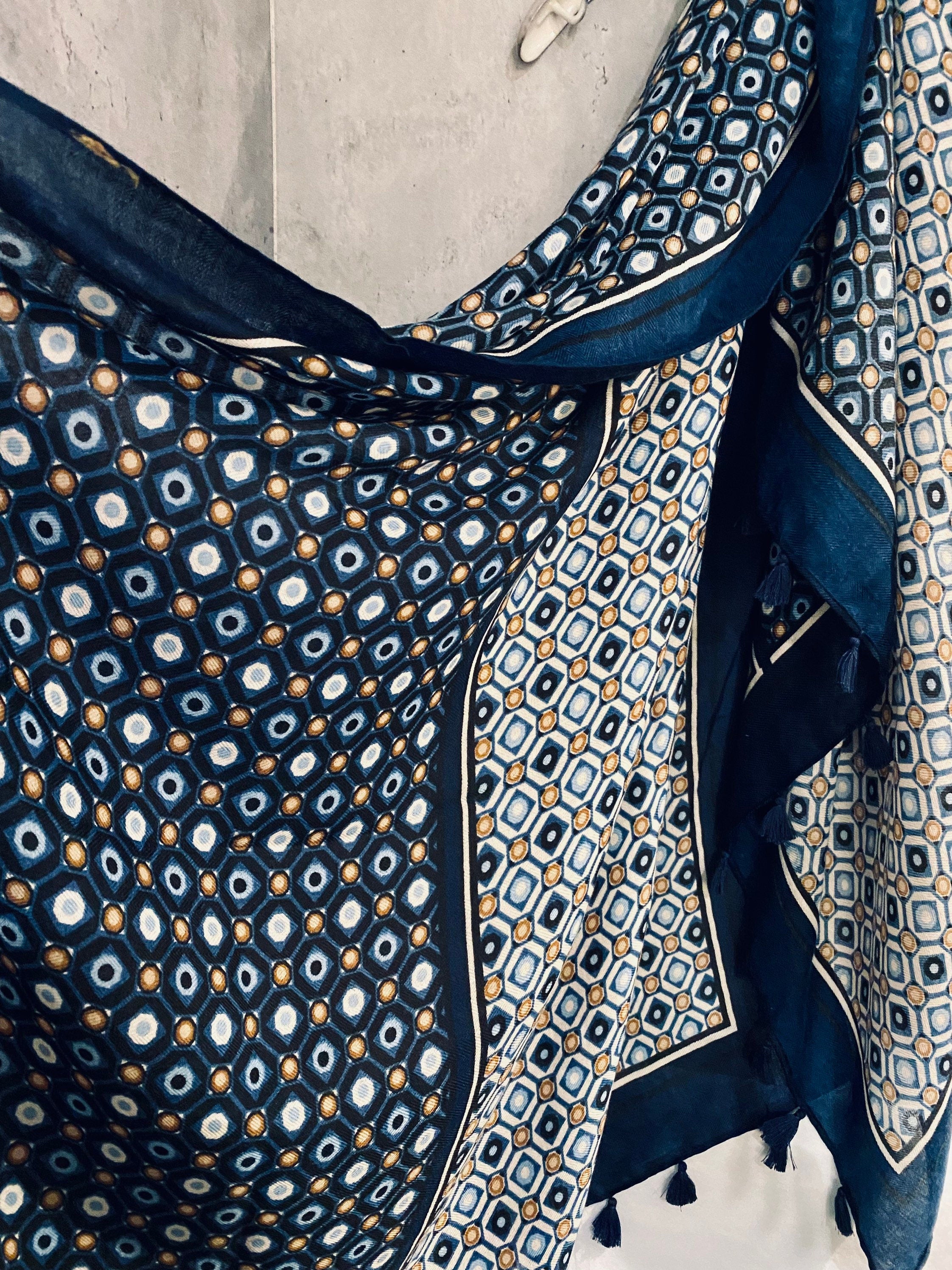 Moroccan Tiles inspired With Tassels Blue Cotton Scarf
