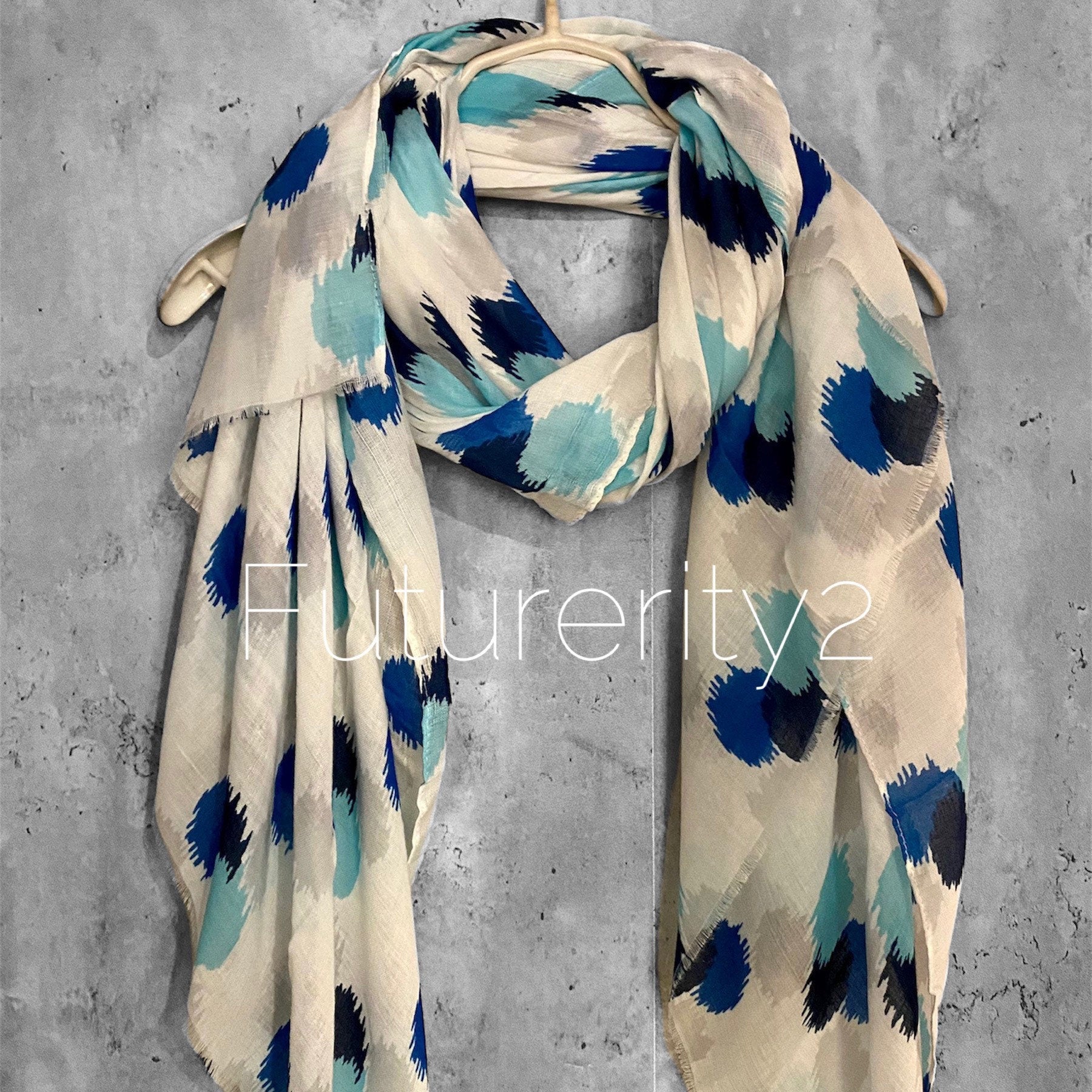 Spotty Ikat Blue White Cotton Scarf/Spring Summer Scarf/Gifts For Mom/UK Seller/Scarf Women/Gifts For Her Birthday Christmas