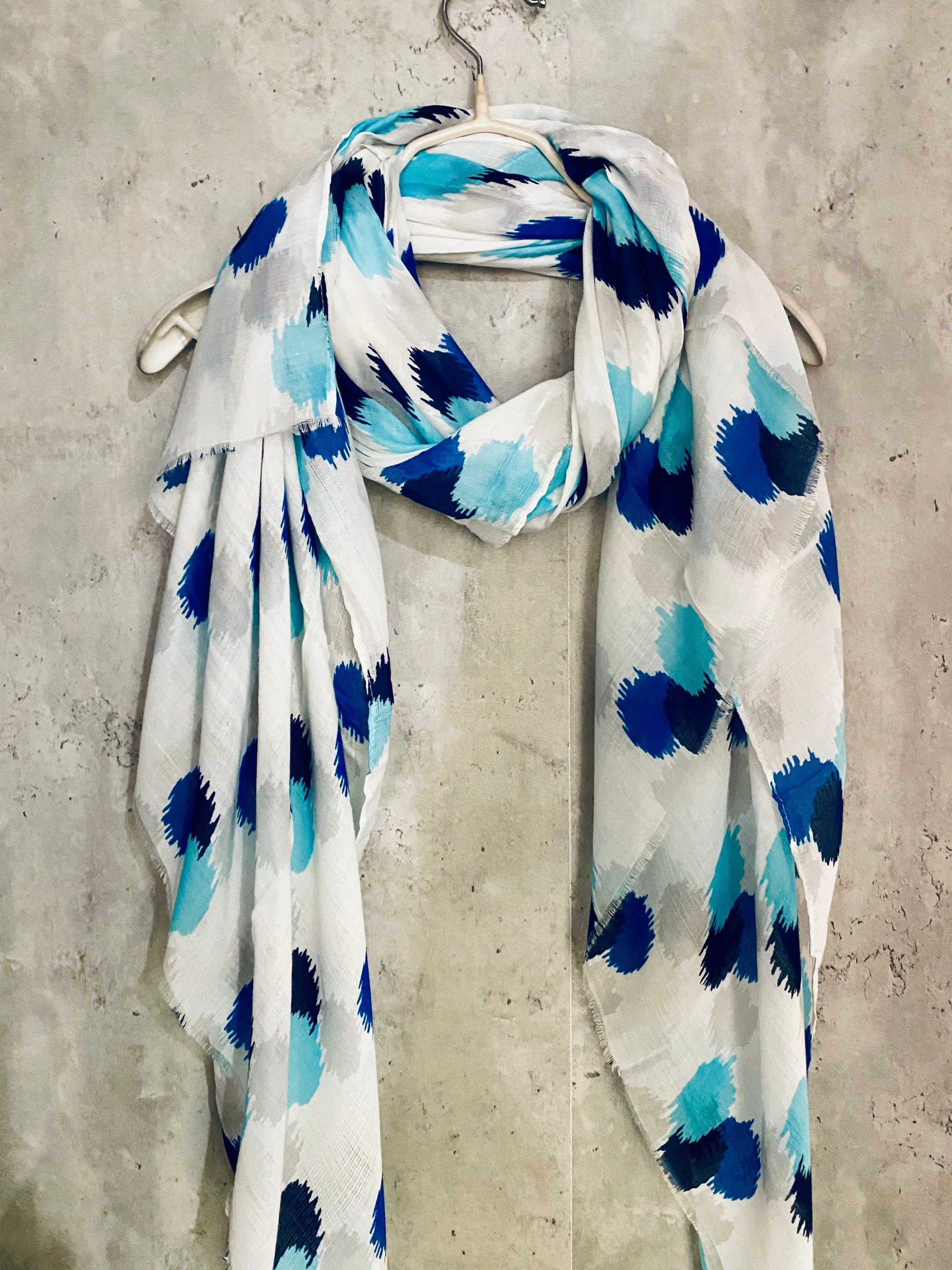Spotty Ikat Blue White Cotton Scarf/Spring Summer Scarf/Gifts For Mom/UK Seller/Scarf Women/Gifts For Her Birthday Christmas