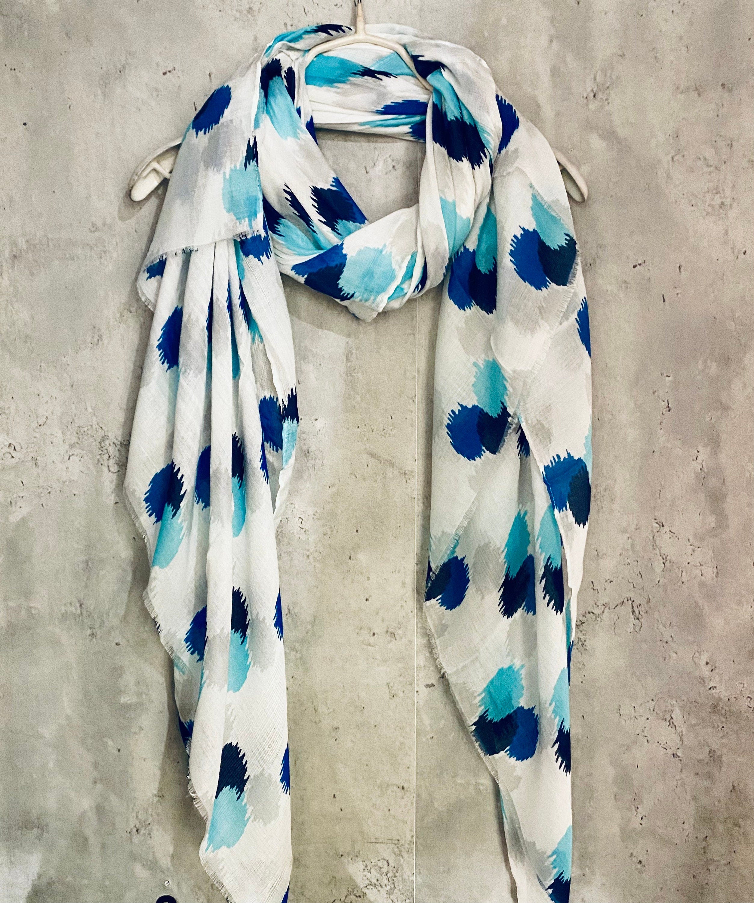 Spotty Ikat Blue White Cotton Scarf/Spring Summer Scarf/Gifts For Mom/UK Seller/Scarf Women/Gifts For Her Birthday Christmas