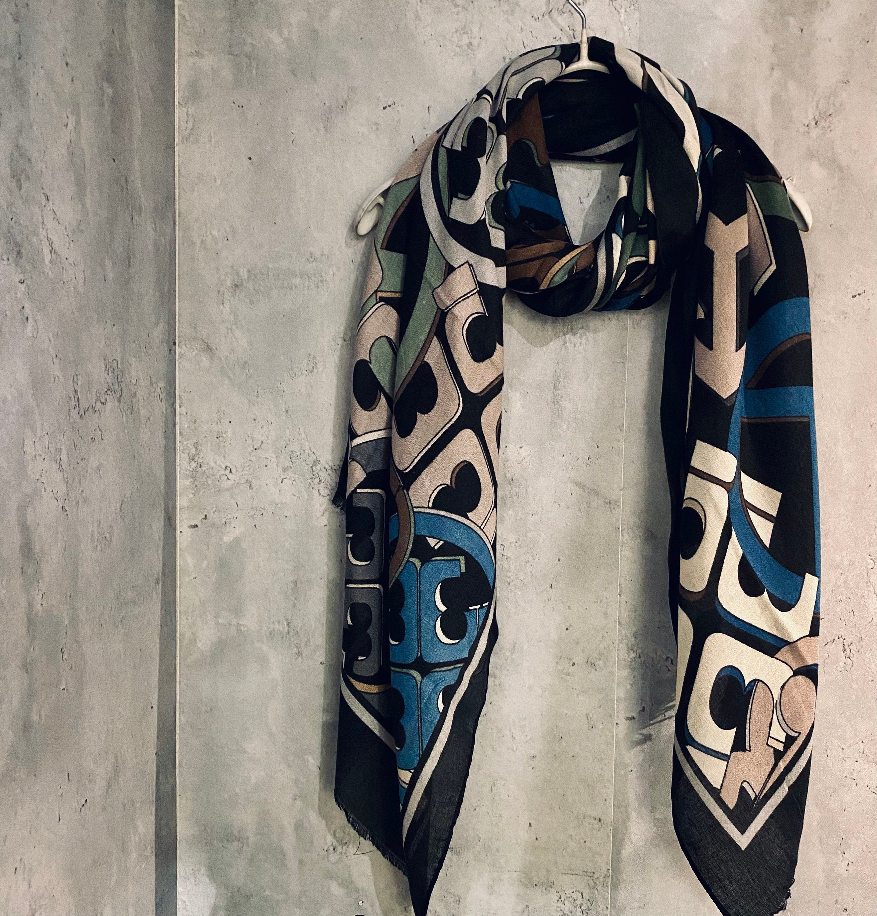 Retro Inspired Buckles Pattern Black Cotton Viscose Scarf/Summer Autumn Winter Scarf/Gifts For Mom/Gift For Her Birthday Christmas/UK Seller